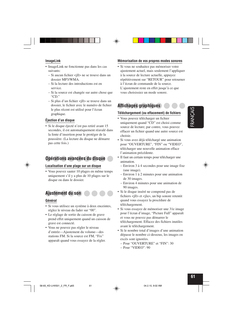 Fran ç ais, Opérations avancées du disque, Ajustement du son | Affichages graphiques | JVC KD-LHX501  EN User Manual | Page 189 / 259
