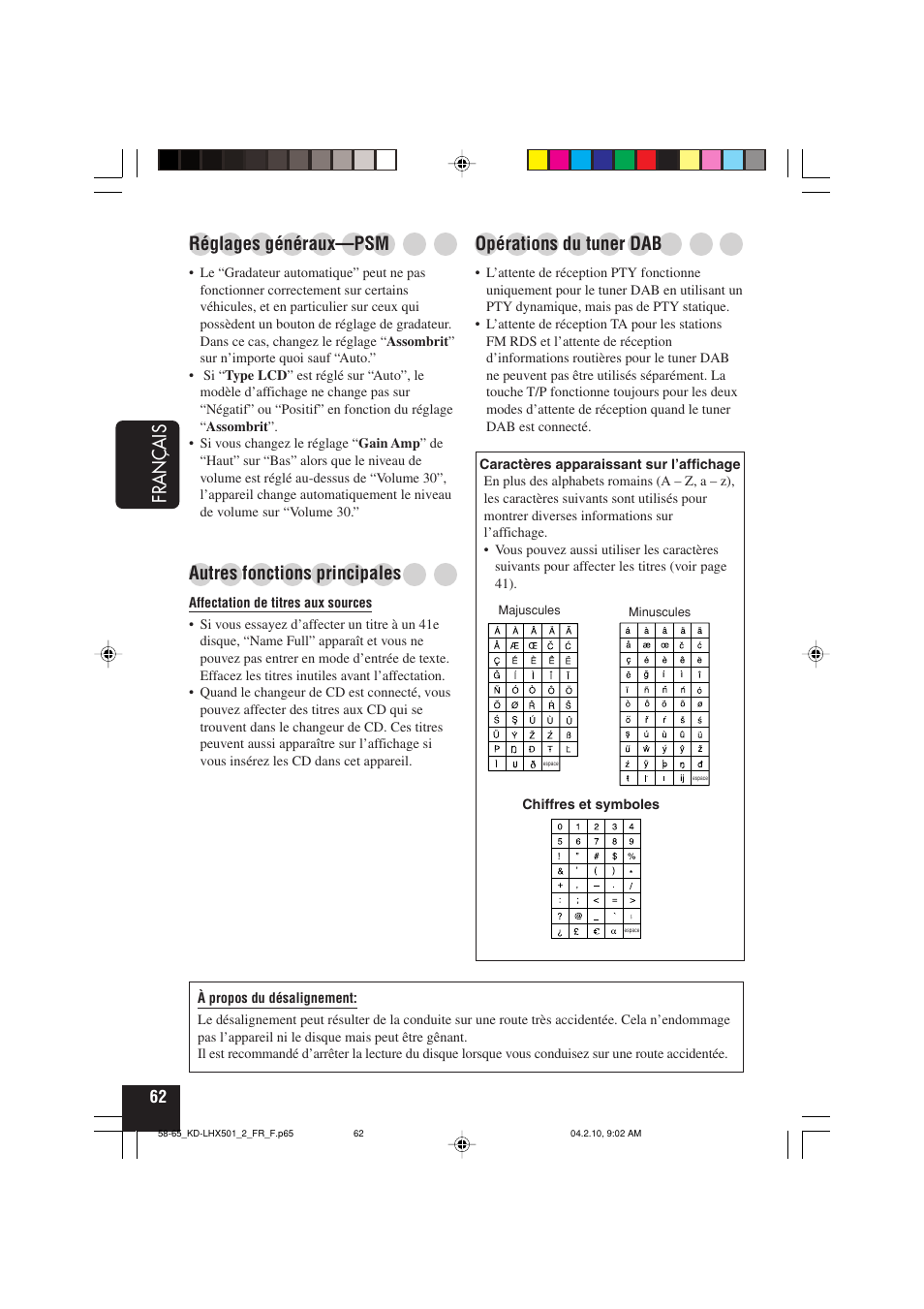 Fran ç ais, Opérations du tuner dab, Réglages généraux—psm | Autres fonctions principales | JVC KD-LHX501  EN User Manual | Page 190 / 259