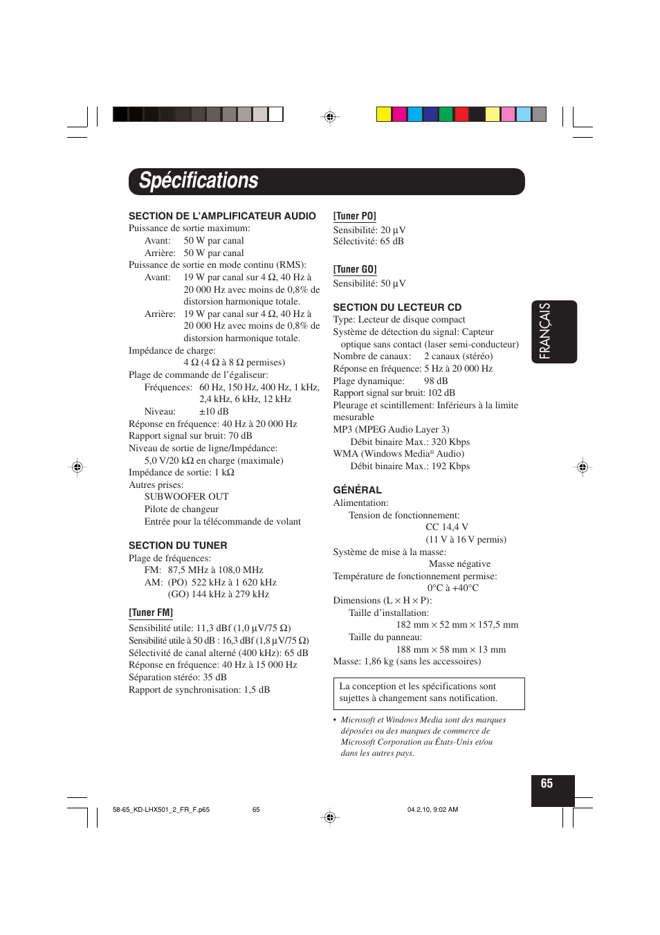 Spécifications, Fran ç ais | JVC KD-LHX501  EN User Manual | Page 193 / 259