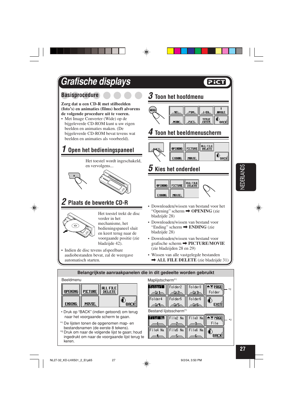 Grafische displays, Nederlands, Basisprocedure | Open het bedieningspaneel, Plaats de bewerkte cd-r, Toon het hoofdmenu, Toon het beeldmenuscherm, Kies het onderdeel | JVC KD-LHX501  EN User Manual | Page 219 / 259