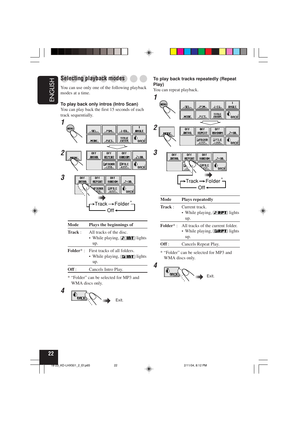 English, Selecting playback modes | JVC KD-LHX501  EN User Manual | Page 22 / 259