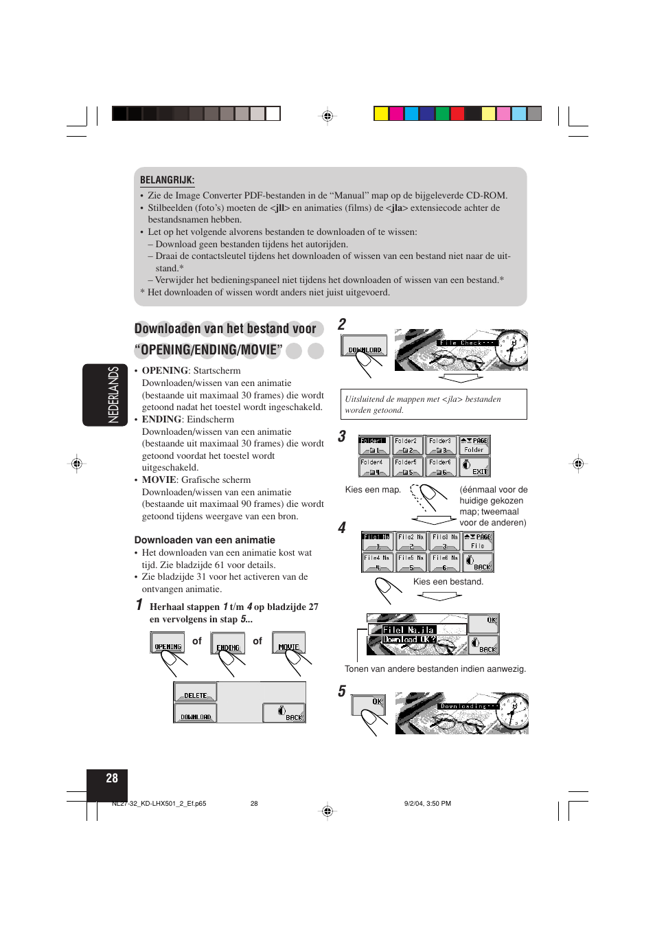 Nederlands, Downloaden van het bestand voor, Opening/ending/movie | JVC KD-LHX501  EN User Manual | Page 220 / 259