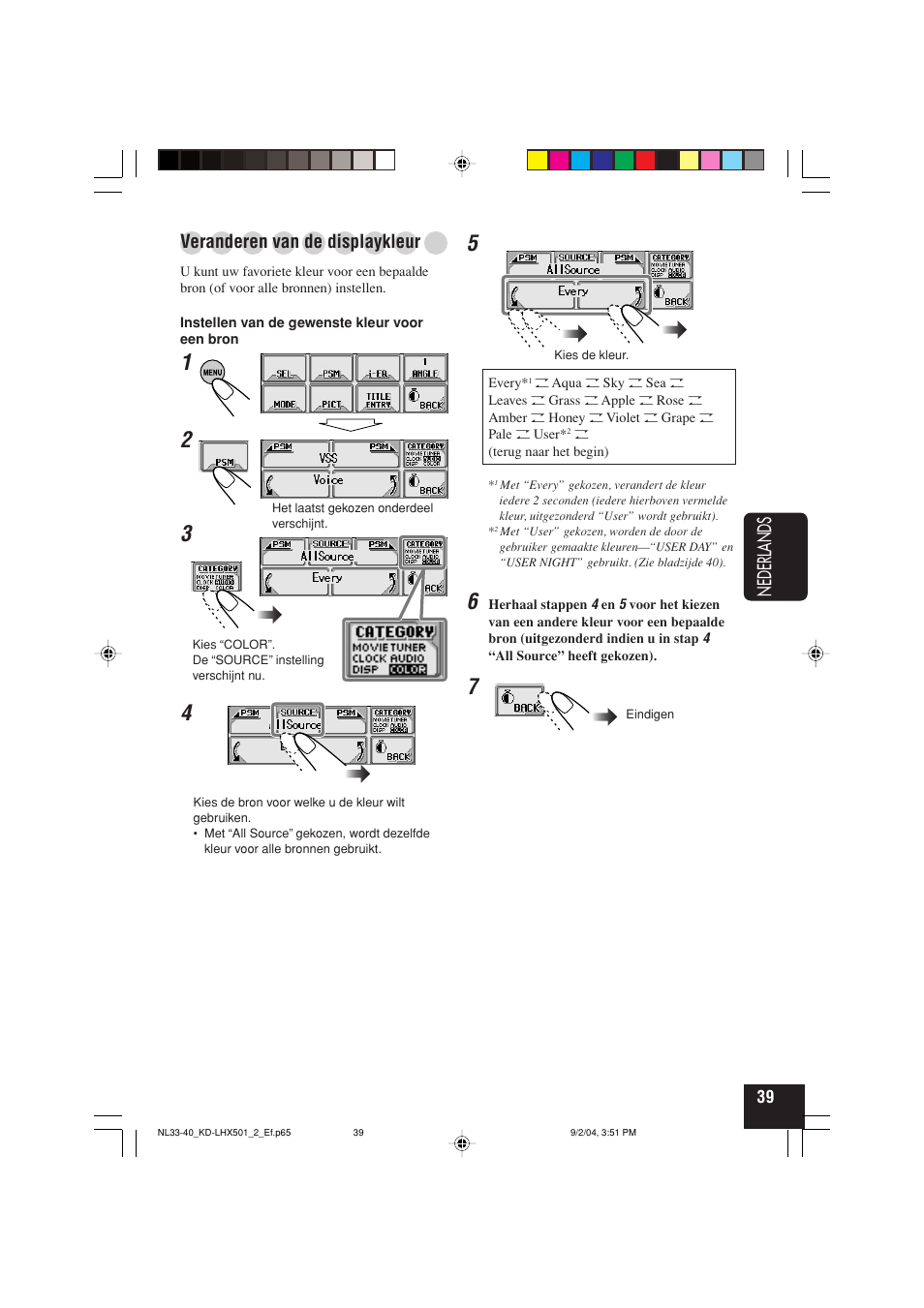 Nederlands, Veranderen van de displaykleur | JVC KD-LHX501  EN User Manual | Page 231 / 259