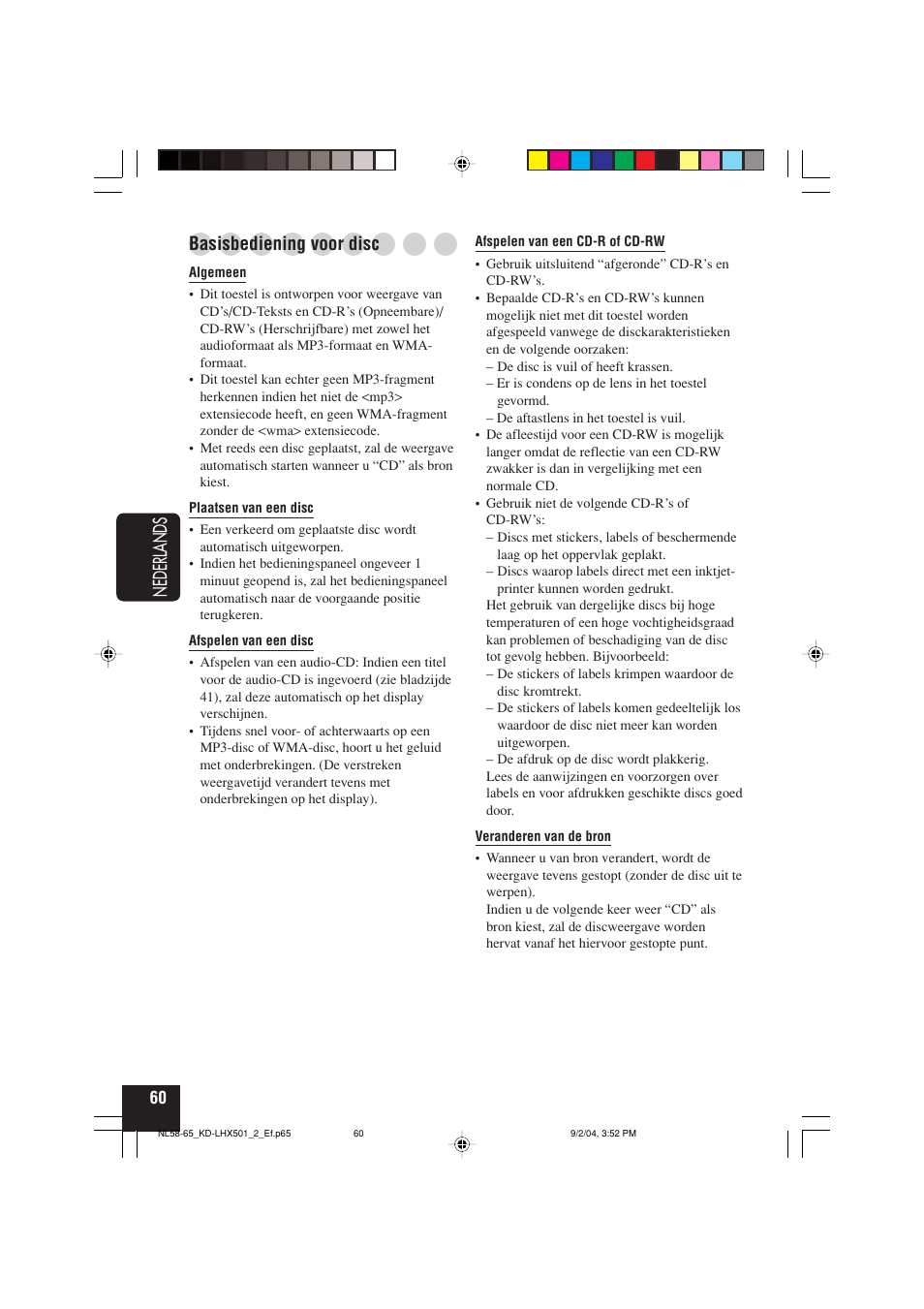 Nederlands, Basisbediening voor disc | JVC KD-LHX501  EN User Manual | Page 252 / 259