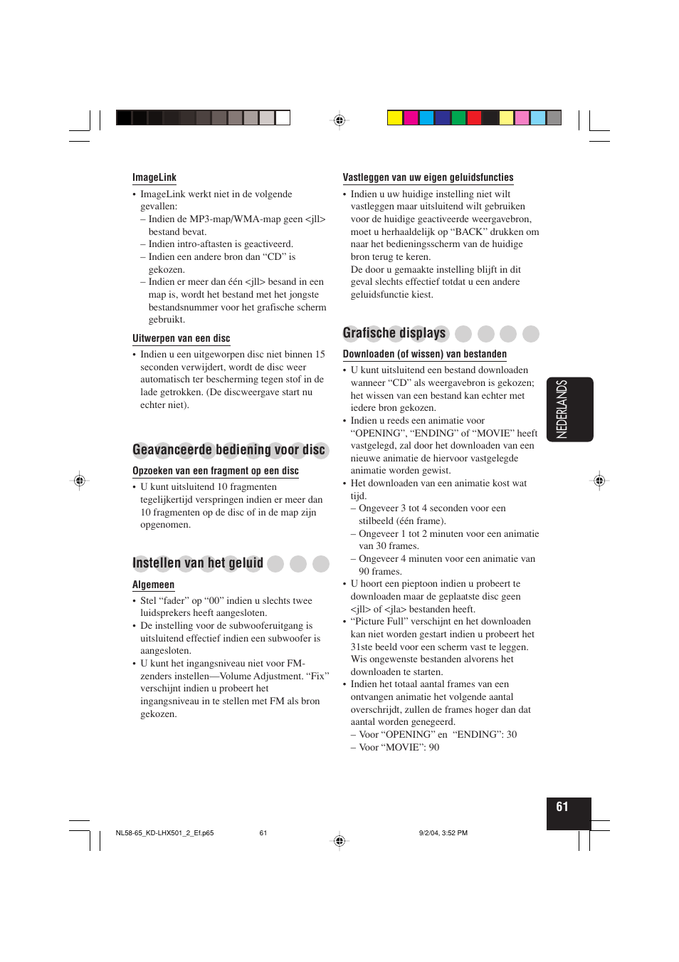 Nederlands, Geavanceerde bediening voor disc, Instellen van het geluid | Grafische displays | JVC KD-LHX501  EN User Manual | Page 253 / 259