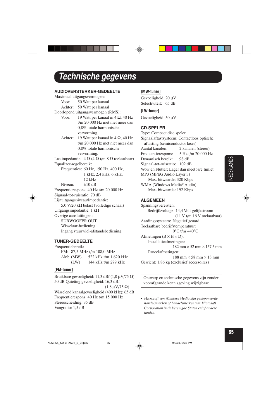Technische gegevens, Nederlands | JVC KD-LHX501  EN User Manual | Page 257 / 259