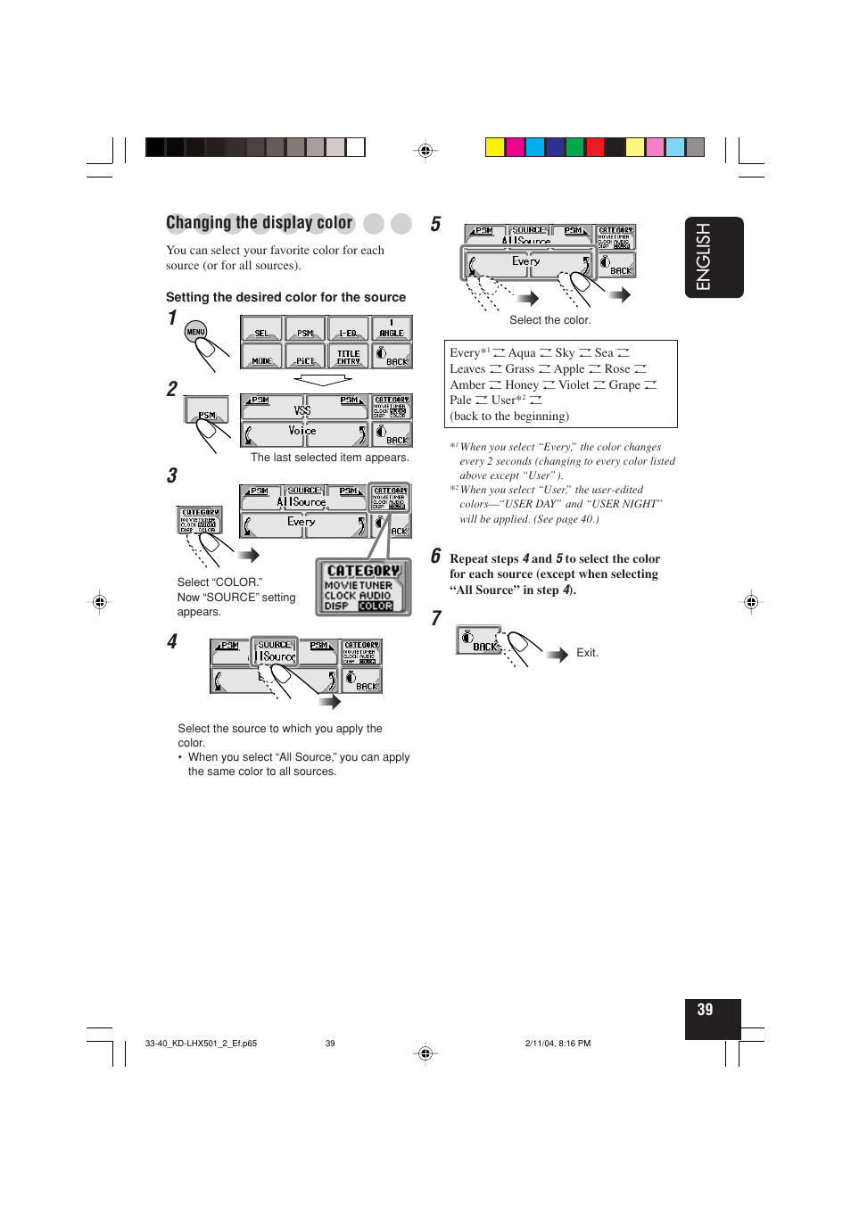 English, Changing the display color | JVC KD-LHX501  EN User Manual | Page 39 / 259