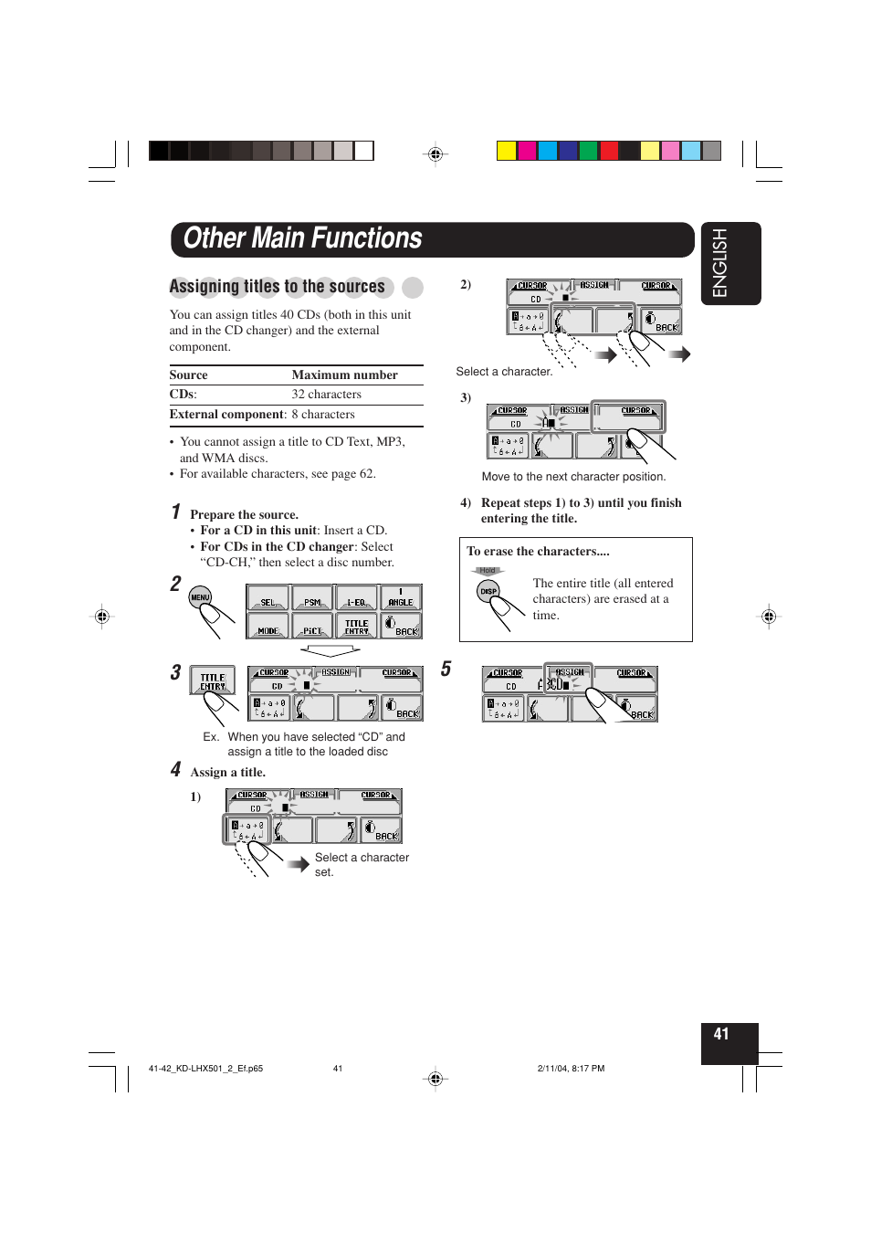 Other main functions, English, Assigning titles to the sources | JVC KD-LHX501  EN User Manual | Page 41 / 259
