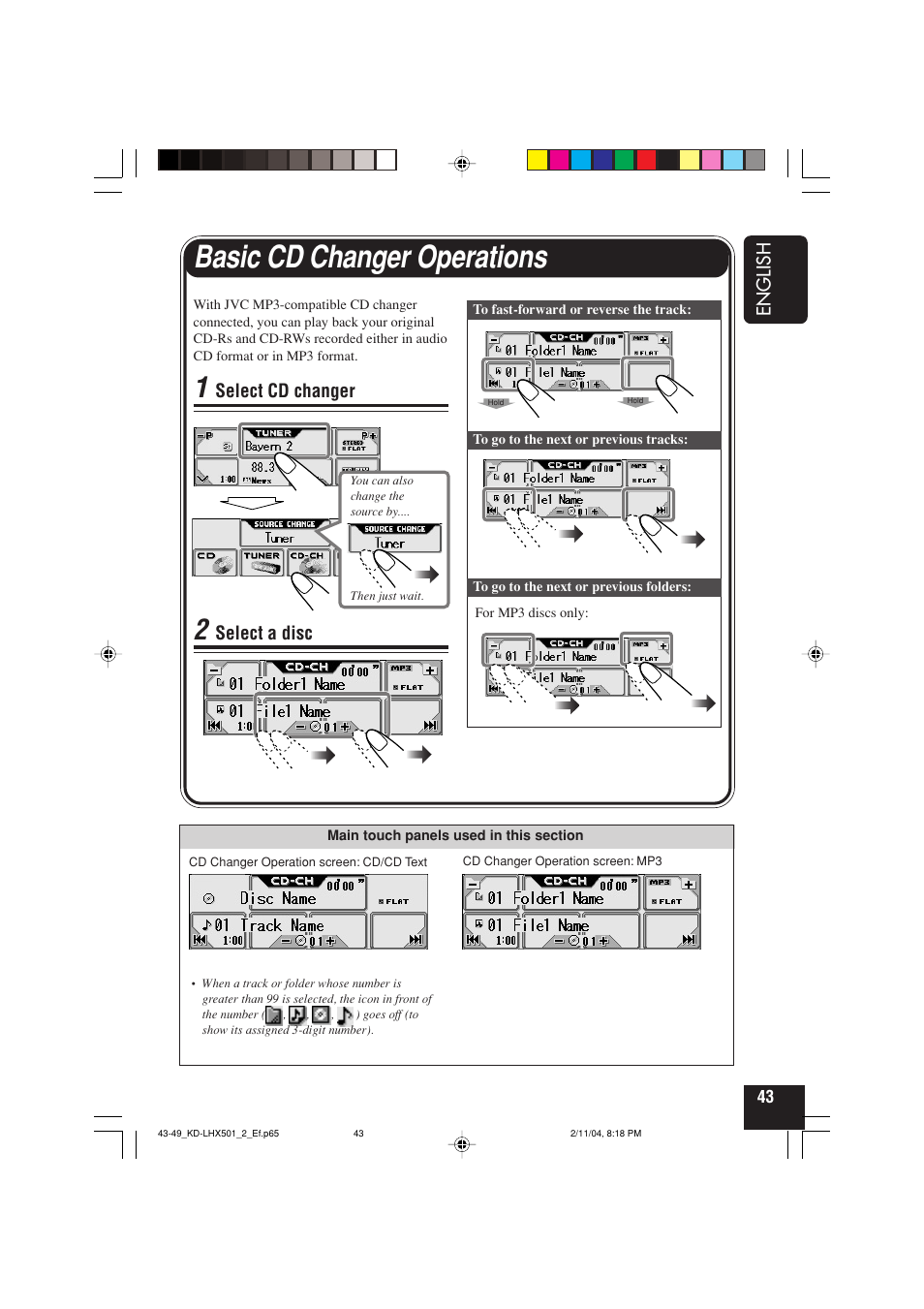 Basic cd changer operations, English, Select cd changer | Select a disc | JVC KD-LHX501  EN User Manual | Page 43 / 259