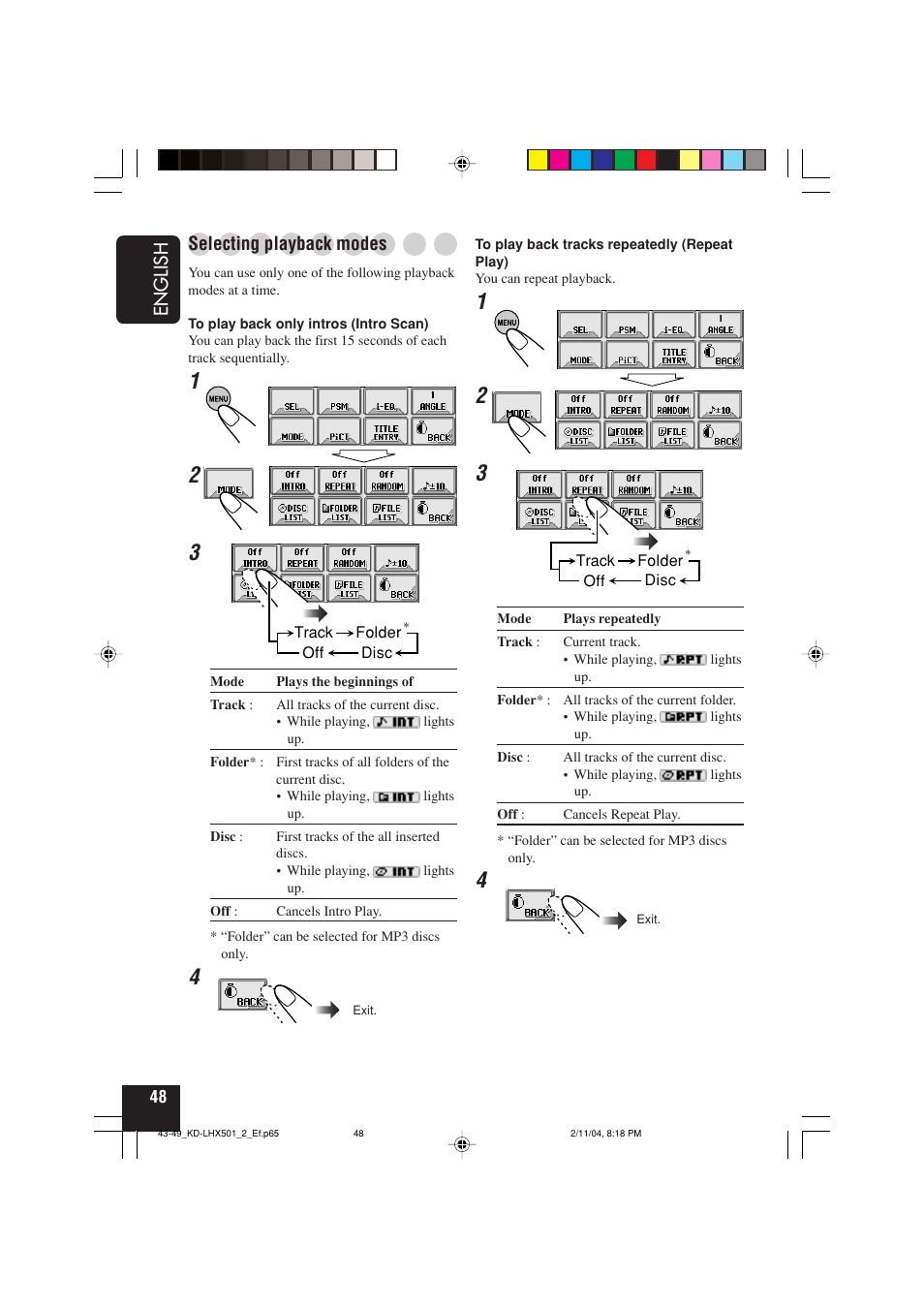 English, Selecting playback modes | JVC KD-LHX501  EN User Manual | Page 48 / 259