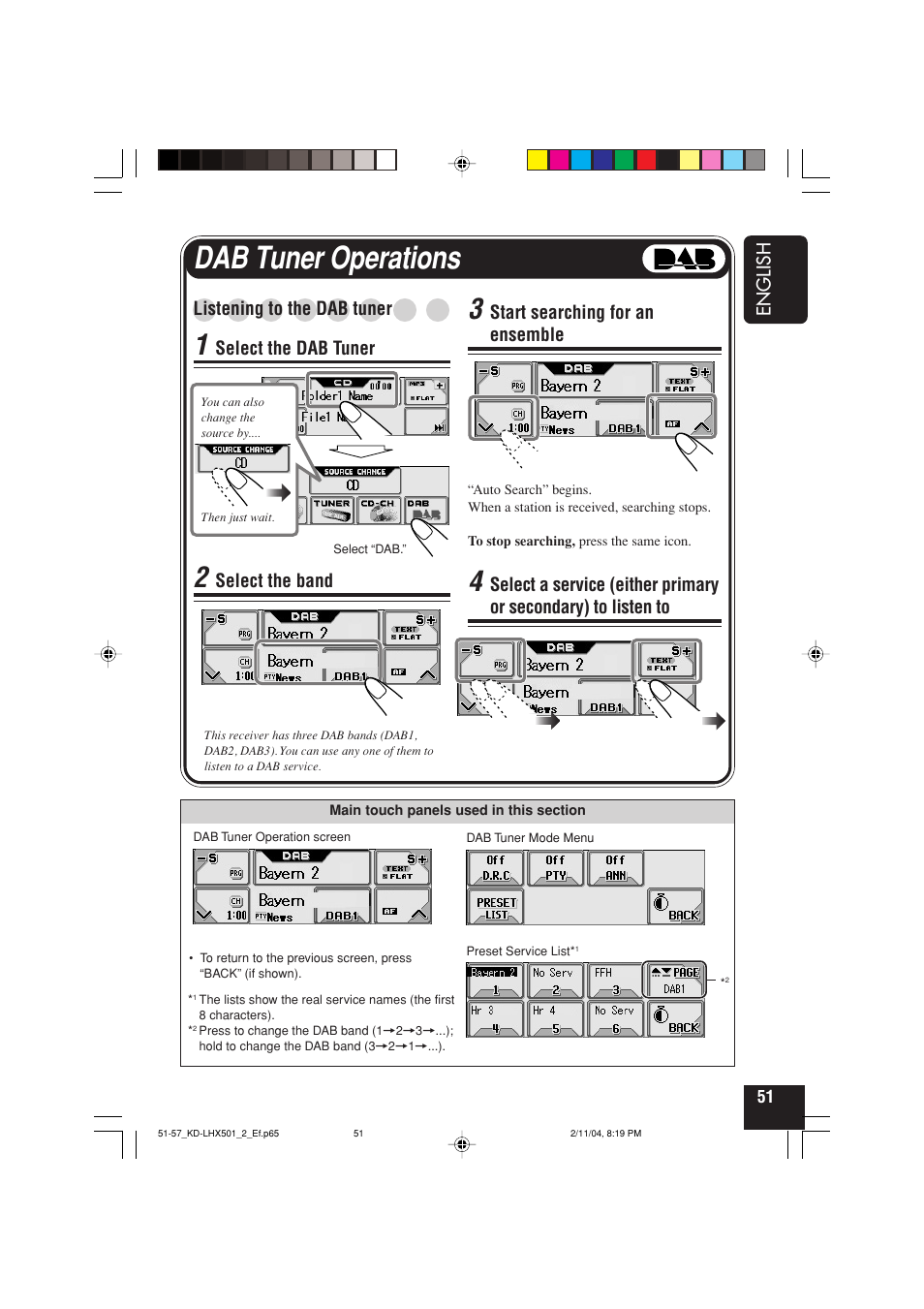 Dab tuner operations, English, Listening to the dab tuner | Select the dab tuner, Select the band, Start searching for an ensemble | JVC KD-LHX501  EN User Manual | Page 51 / 259