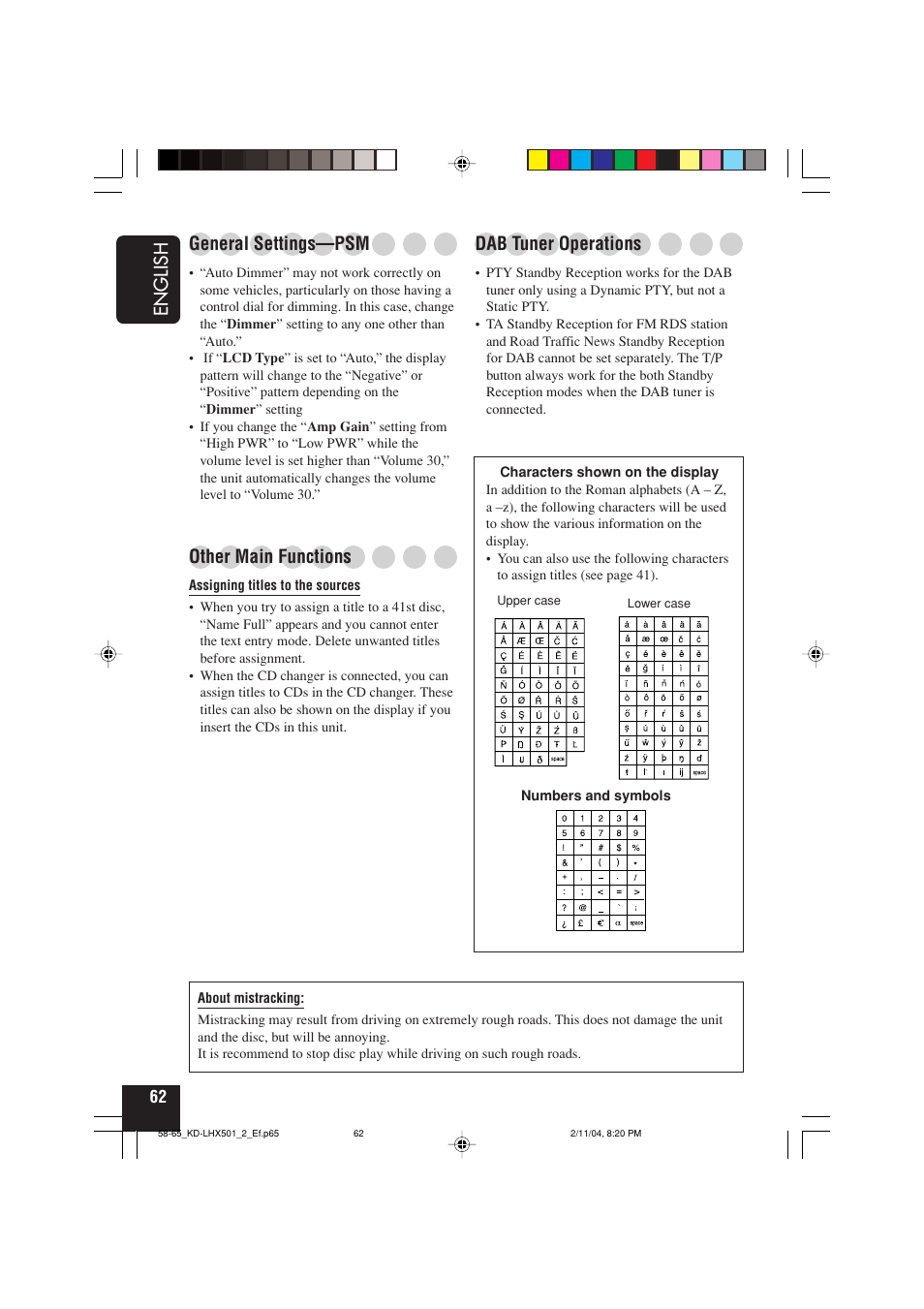 English, Dab tuner operations, General settings—psm | Other main functions | JVC KD-LHX501  EN User Manual | Page 62 / 259