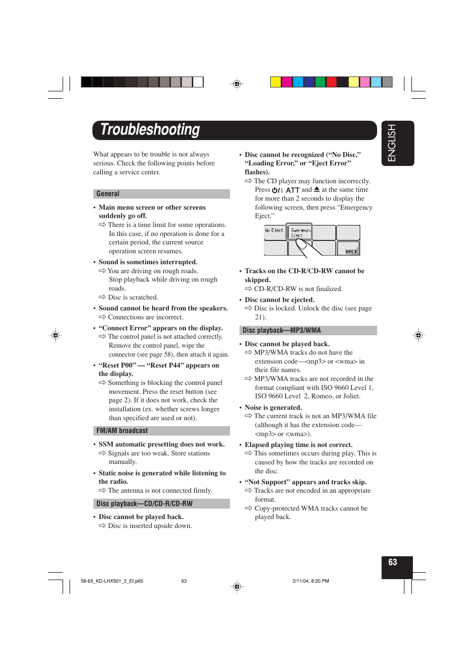 Troubleshooting, English | JVC KD-LHX501  EN User Manual | Page 63 / 259
