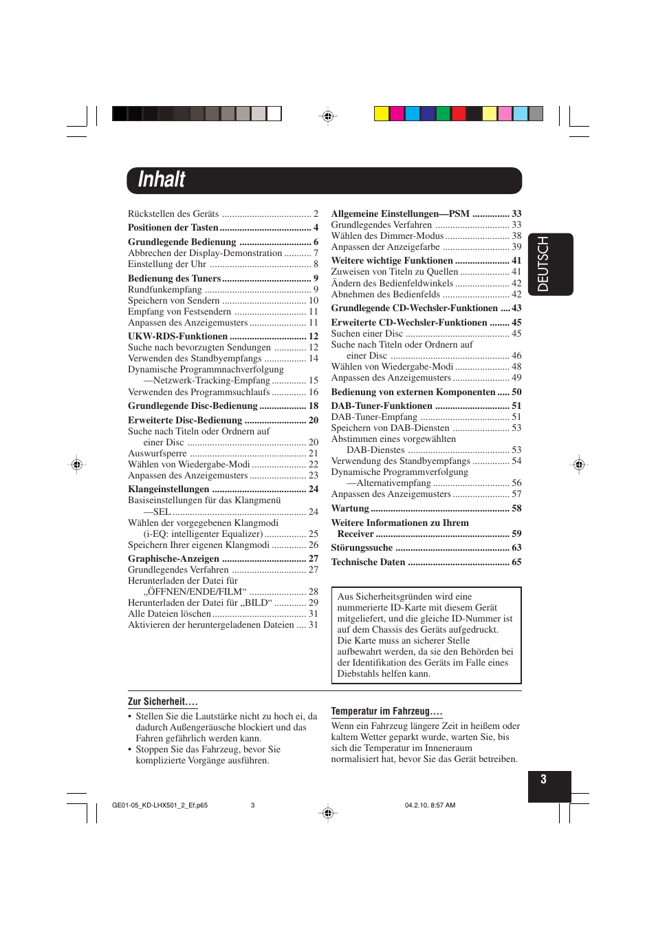 Inhalt, Deutsch | JVC KD-LHX501  EN User Manual | Page 67 / 259