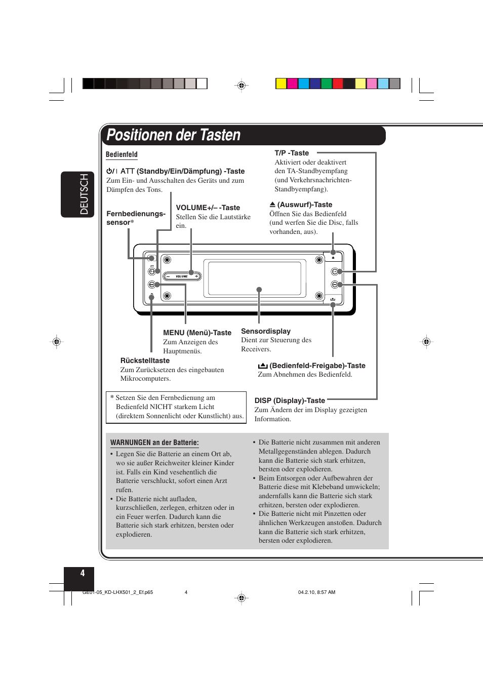 Positionen der tasten, Deutsch | JVC KD-LHX501  EN User Manual | Page 68 / 259