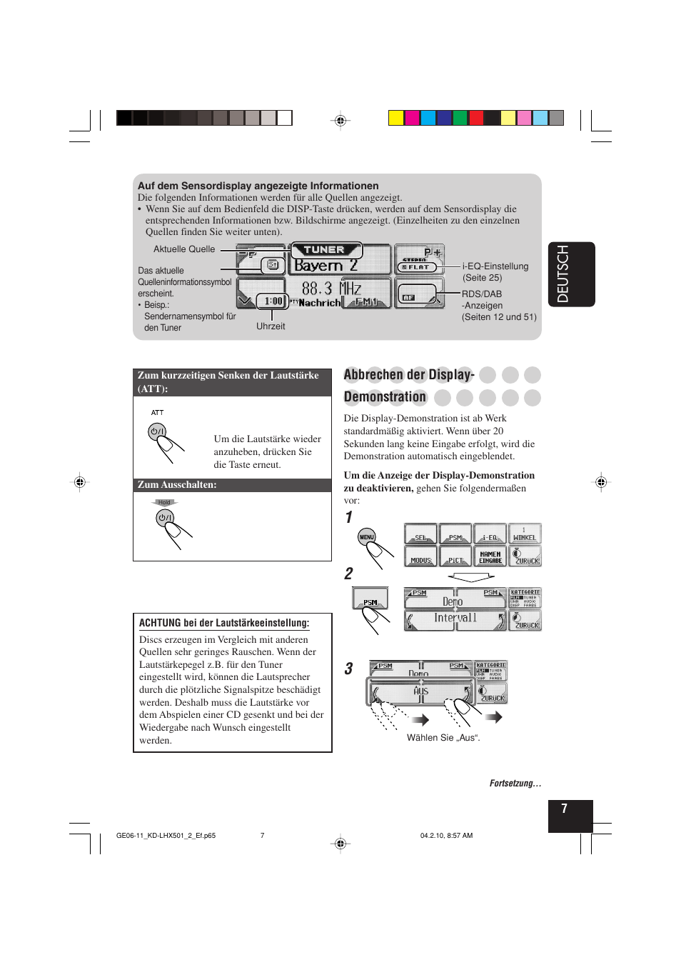 Deutsch, Abbrechen der display, Demonstration | JVC KD-LHX501  EN User Manual | Page 71 / 259