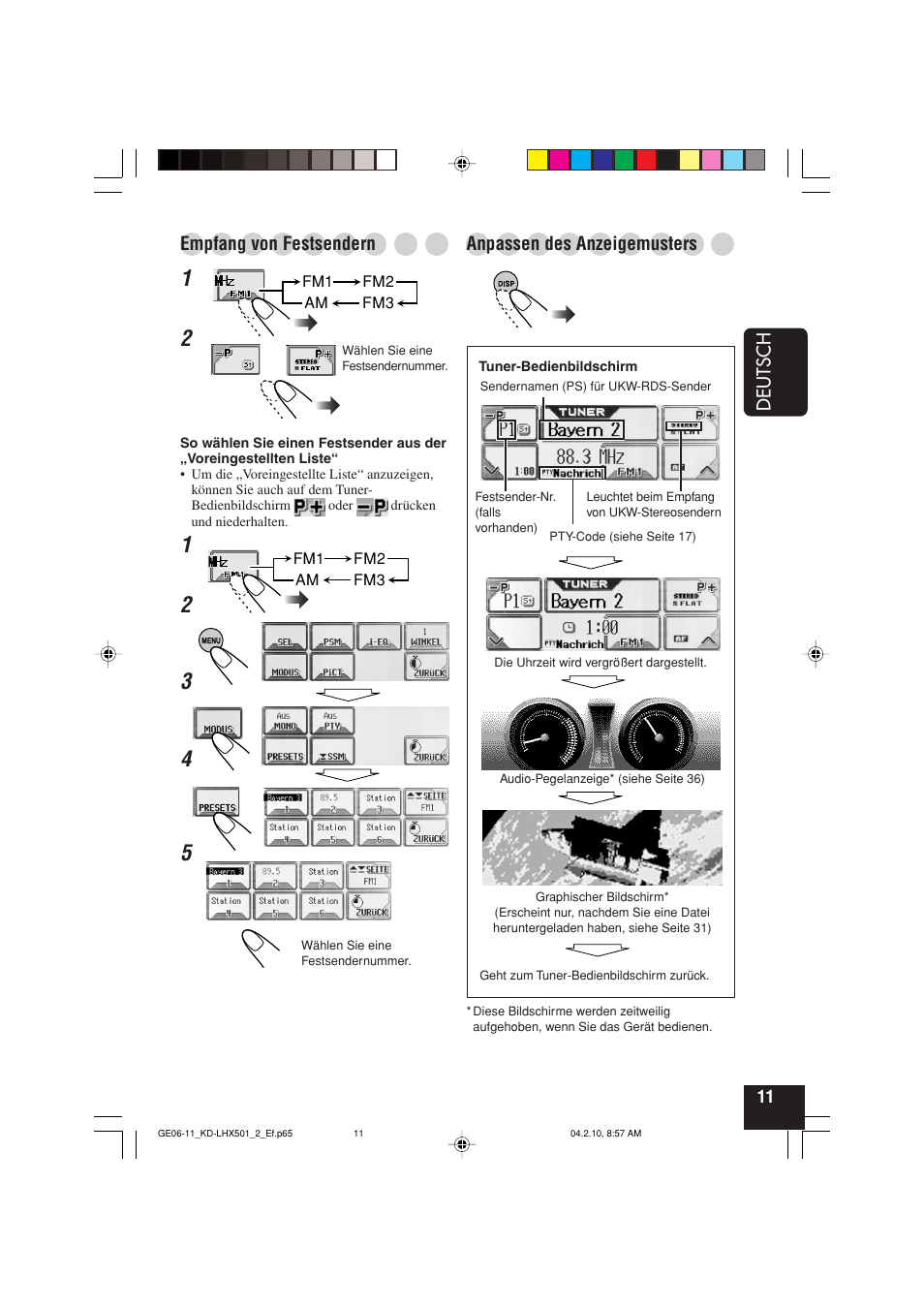 Deutsch, Empfang von festsendern, Anpassen des anzeigemusters | JVC KD-LHX501  EN User Manual | Page 75 / 259