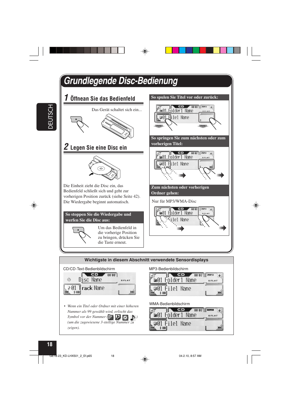 Grundlegende disc-bedienung, Deutsch, Öffnean sie das bedienfeld | Legen sie eine disc ein | JVC KD-LHX501  EN User Manual | Page 82 / 259