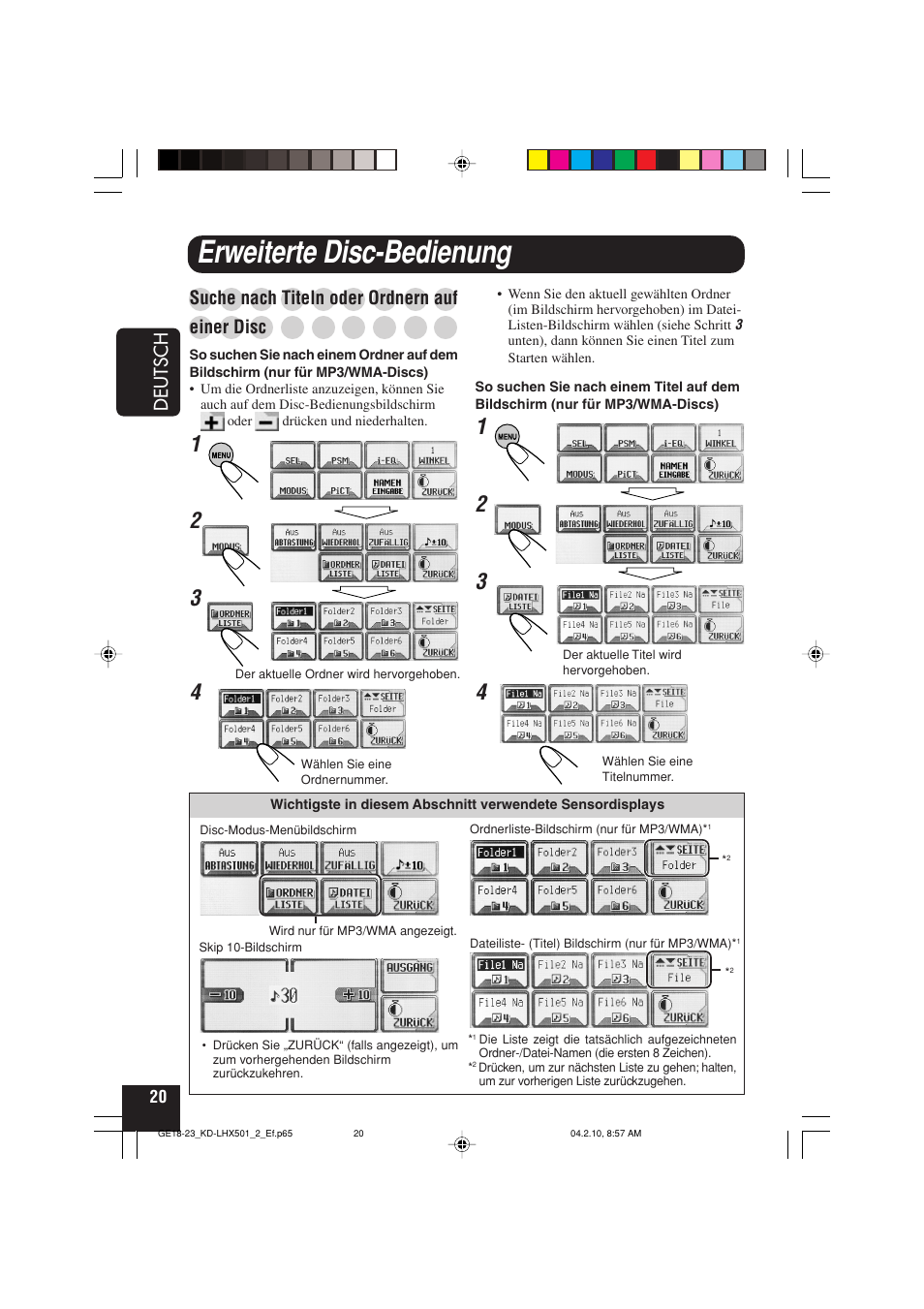 Erweiterte disc-bedienung, Deutsch, Suche nach titeln oder ordnern auf | Einer disc | JVC KD-LHX501  EN User Manual | Page 84 / 259