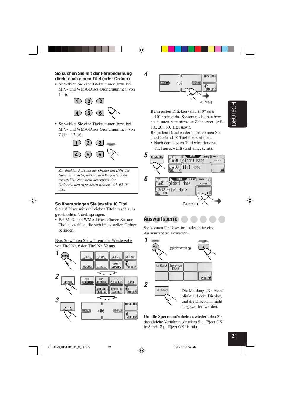 Deutsch, Auswurfsperre | JVC KD-LHX501  EN User Manual | Page 85 / 259