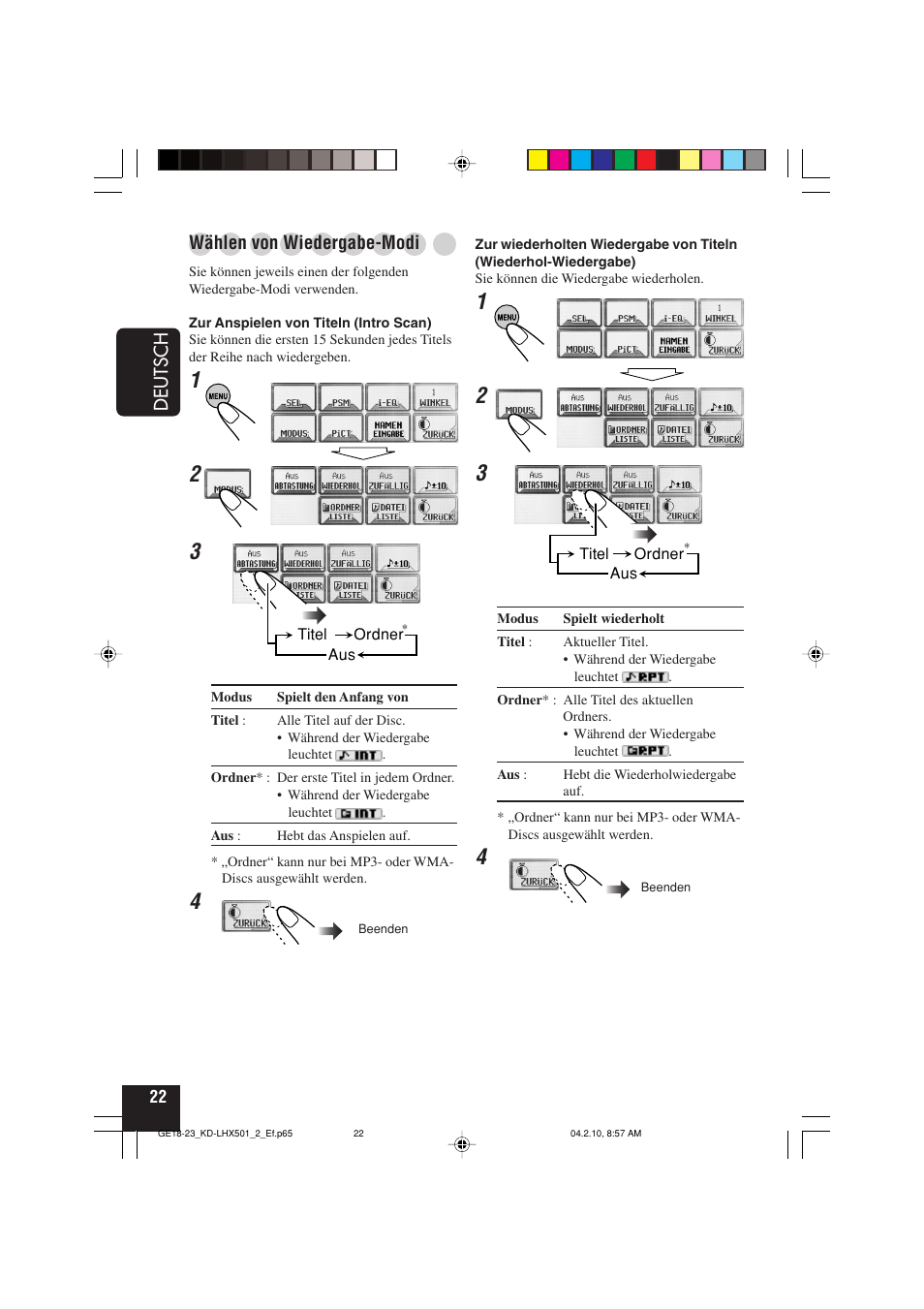 Deutsch, Wählen von wiedergabe-modi | JVC KD-LHX501  EN User Manual | Page 86 / 259