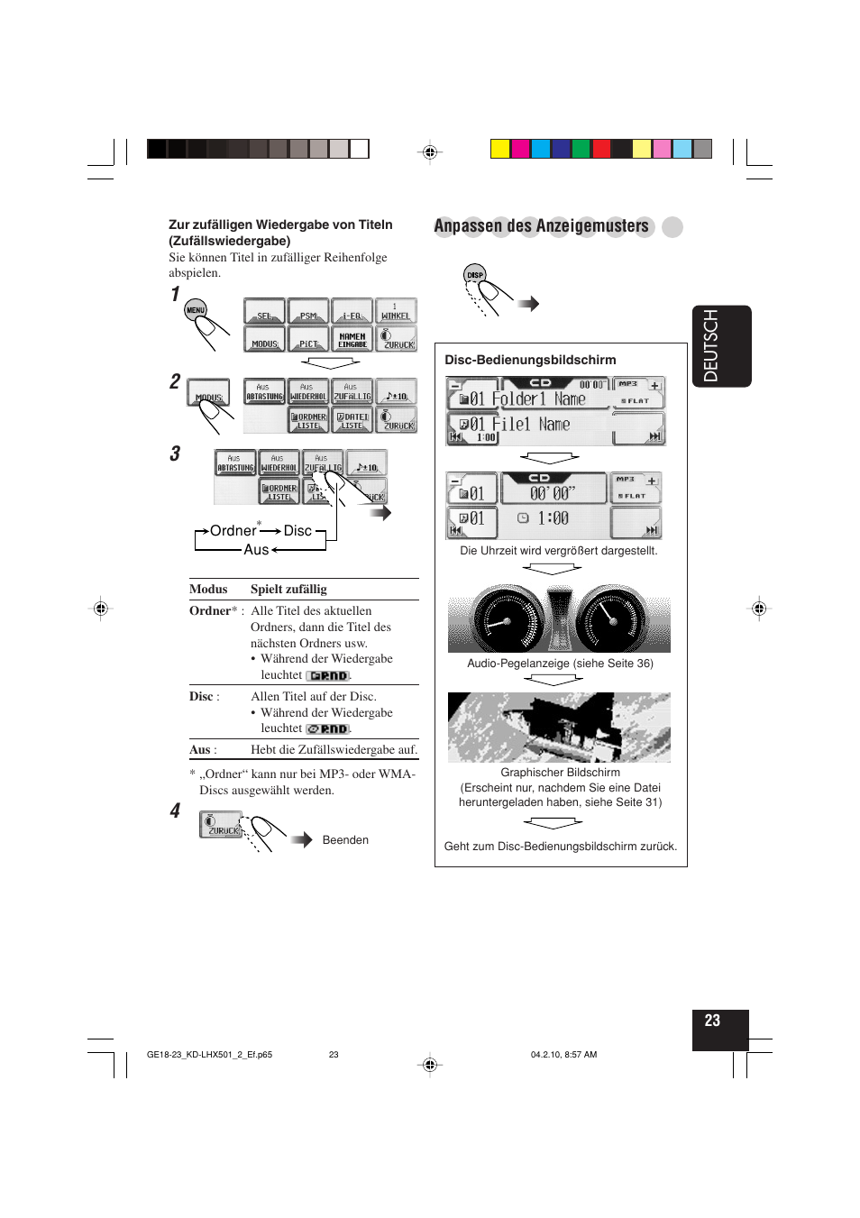 Deutsch, Anpassen des anzeigemusters | JVC KD-LHX501  EN User Manual | Page 87 / 259