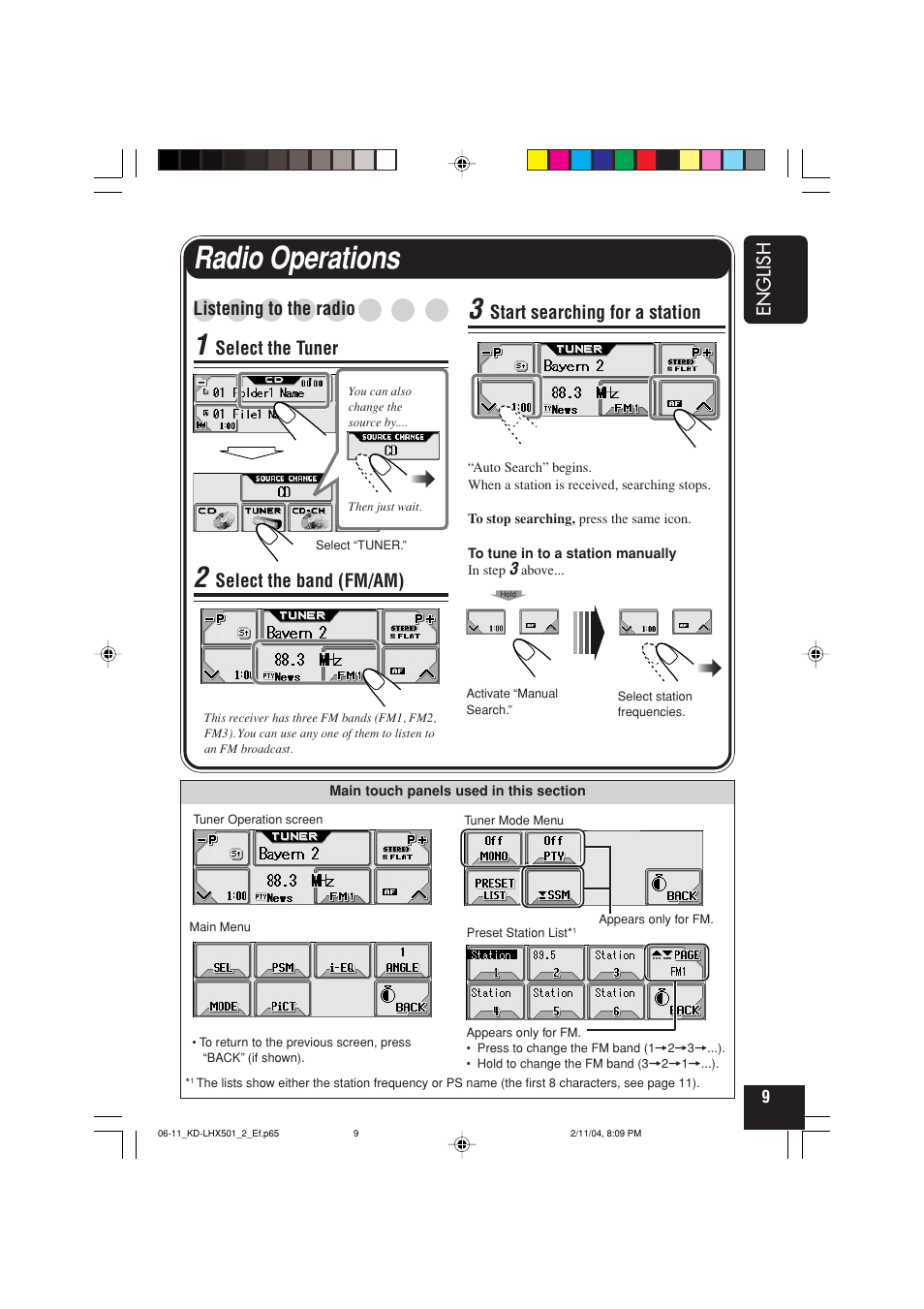 Radio operations, English, Start searching for a station | Listening to the radio, Select the tuner, Select the band (fm/am) | JVC KD-LHX501  EN User Manual | Page 9 / 259