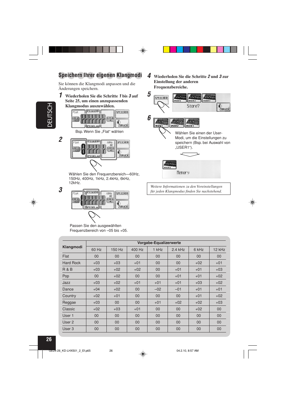 Deutsch, Speichern ihrer eigenen klangmodi | JVC KD-LHX501  EN User Manual | Page 90 / 259