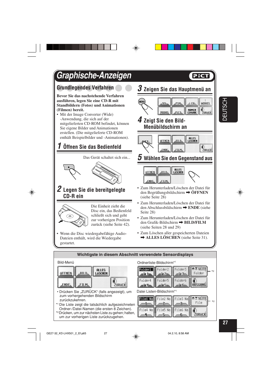 Graphische-anzeigen, Deutsch, Grundlegendes verfahren | Öffnen sie das bedienfeld, Legen sie die bereitgelegte cd-r ein, Zeigen sie das hauptmenü an, Zeigt sie den bild- menübildschirm an, Wählen sie den gegenstand aus | JVC KD-LHX501  EN User Manual | Page 91 / 259
