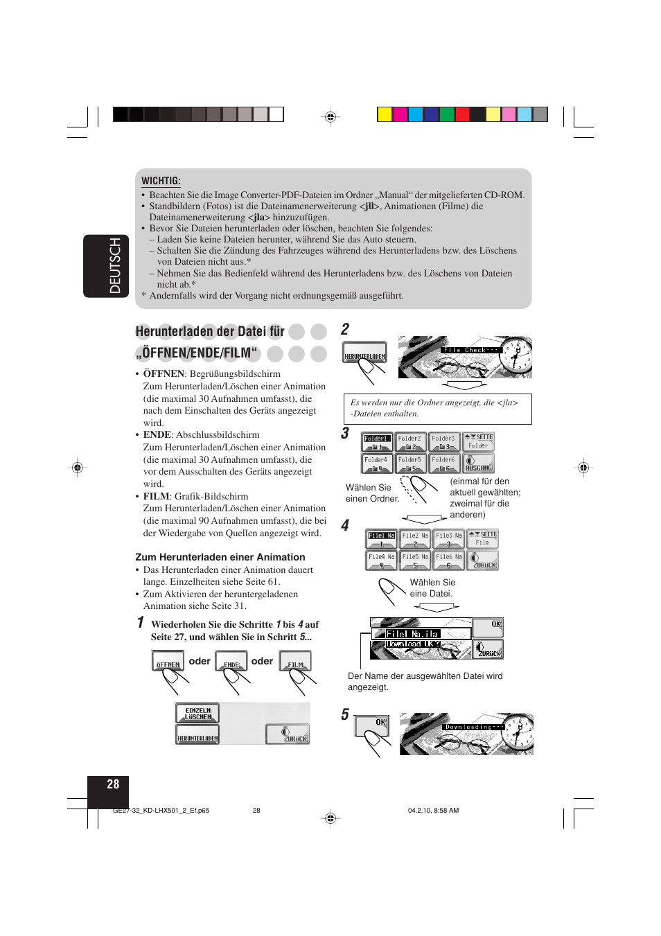 Deutsch, Herunterladen der datei für, Öffnen/ende/film | JVC KD-LHX501  EN User Manual | Page 92 / 259