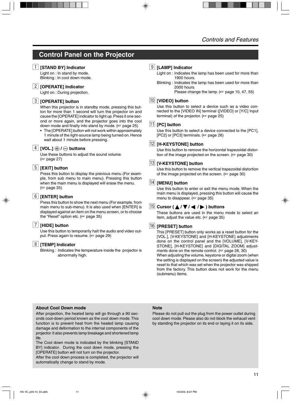 Control panel on the projector, Controls and features | JVC Model DLA-HX1E User Manual | Page 11 / 62