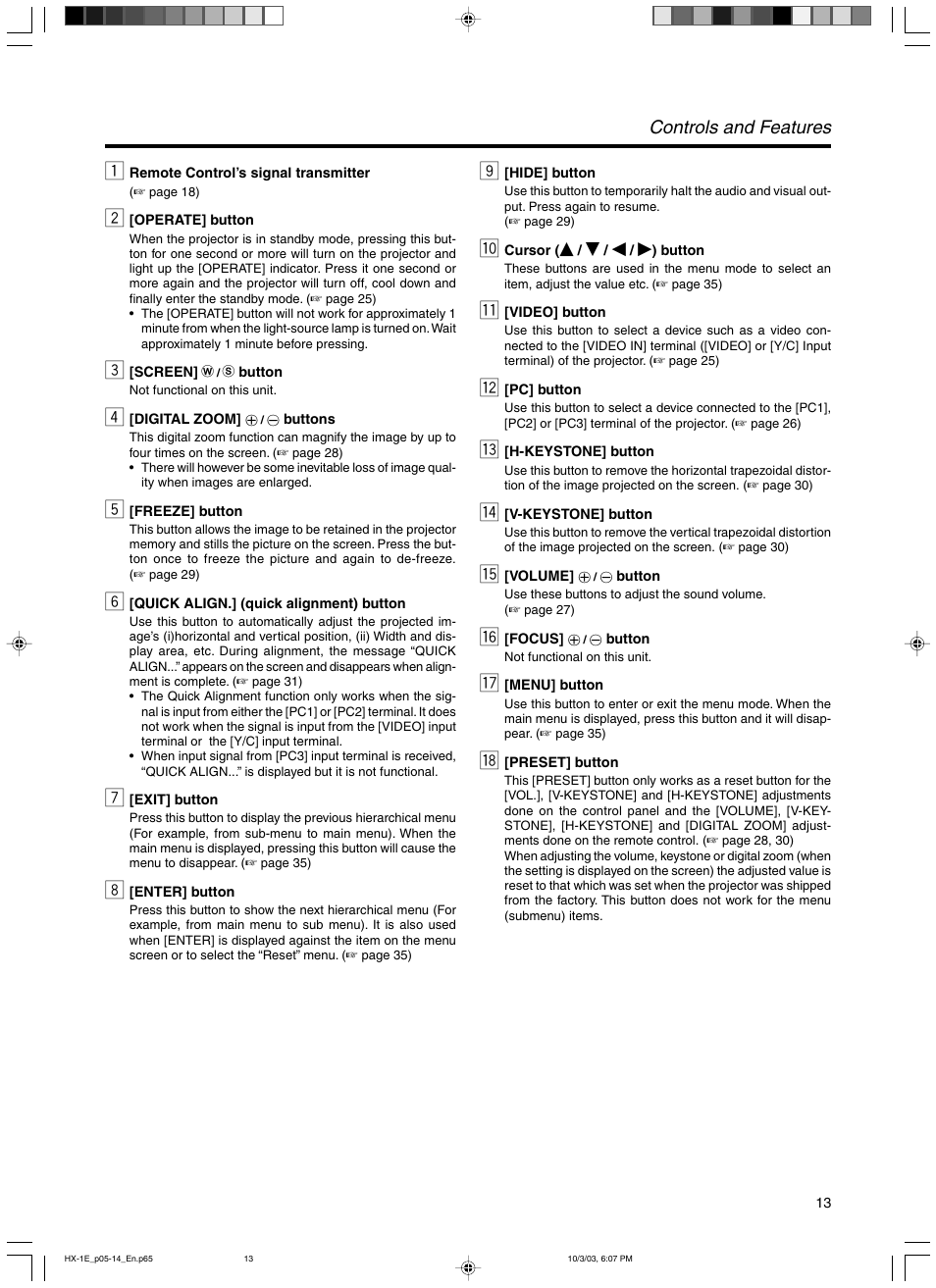 Controls and features | JVC Model DLA-HX1E User Manual | Page 13 / 62