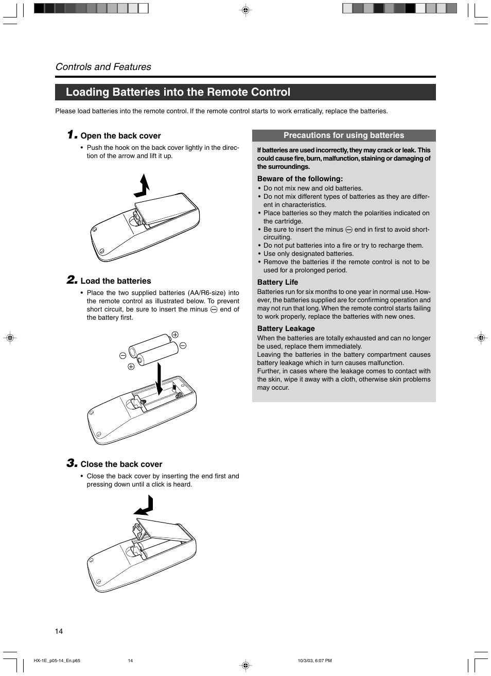 Loading batteries into the remote control, Controls and features | JVC Model DLA-HX1E User Manual | Page 14 / 62