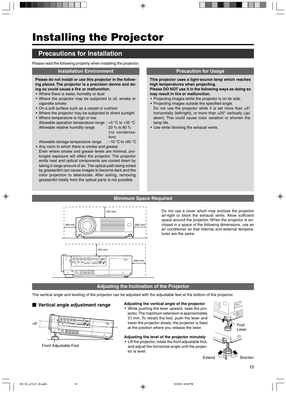 Installing the projector, Precautions for installation | JVC Model DLA-HX1E User Manual | Page 15 / 62