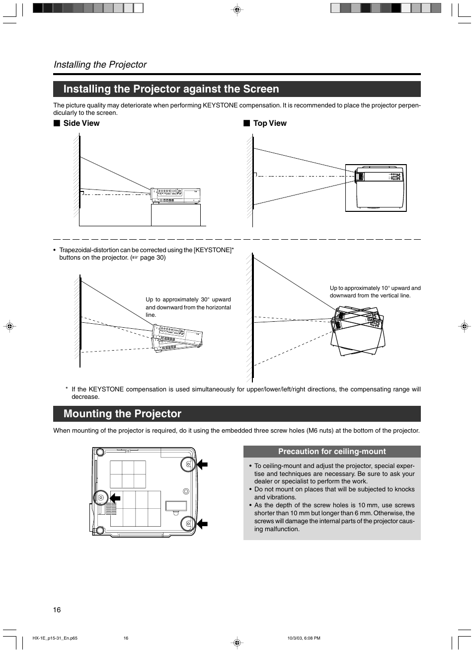 Installing the projector against the screen, Mounting the projector, Installing the projector | JVC Model DLA-HX1E User Manual | Page 16 / 62