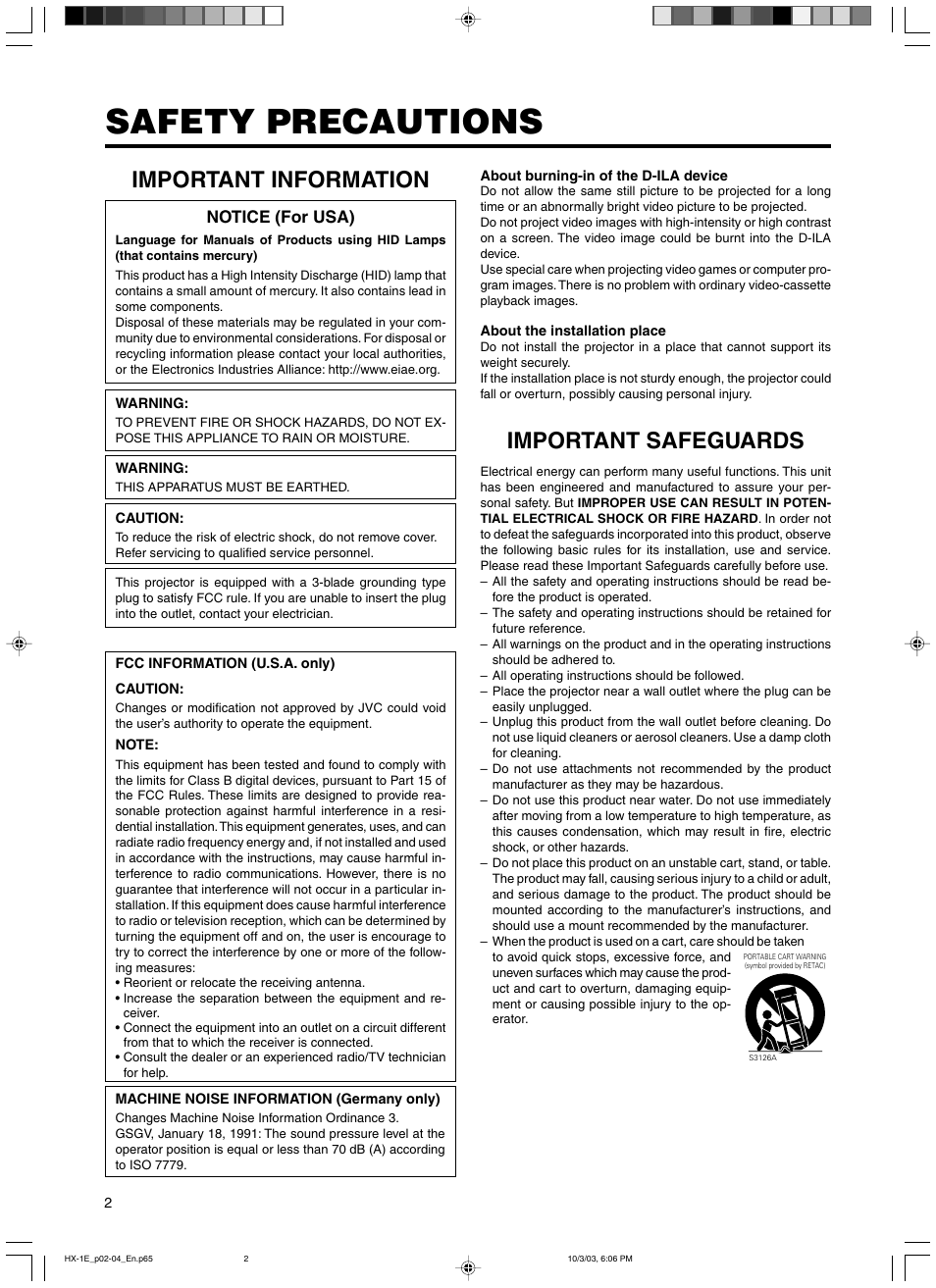 Safety precautions, Important safeguards, Important information | Notice (for usa) | JVC Model DLA-HX1E User Manual | Page 2 / 62