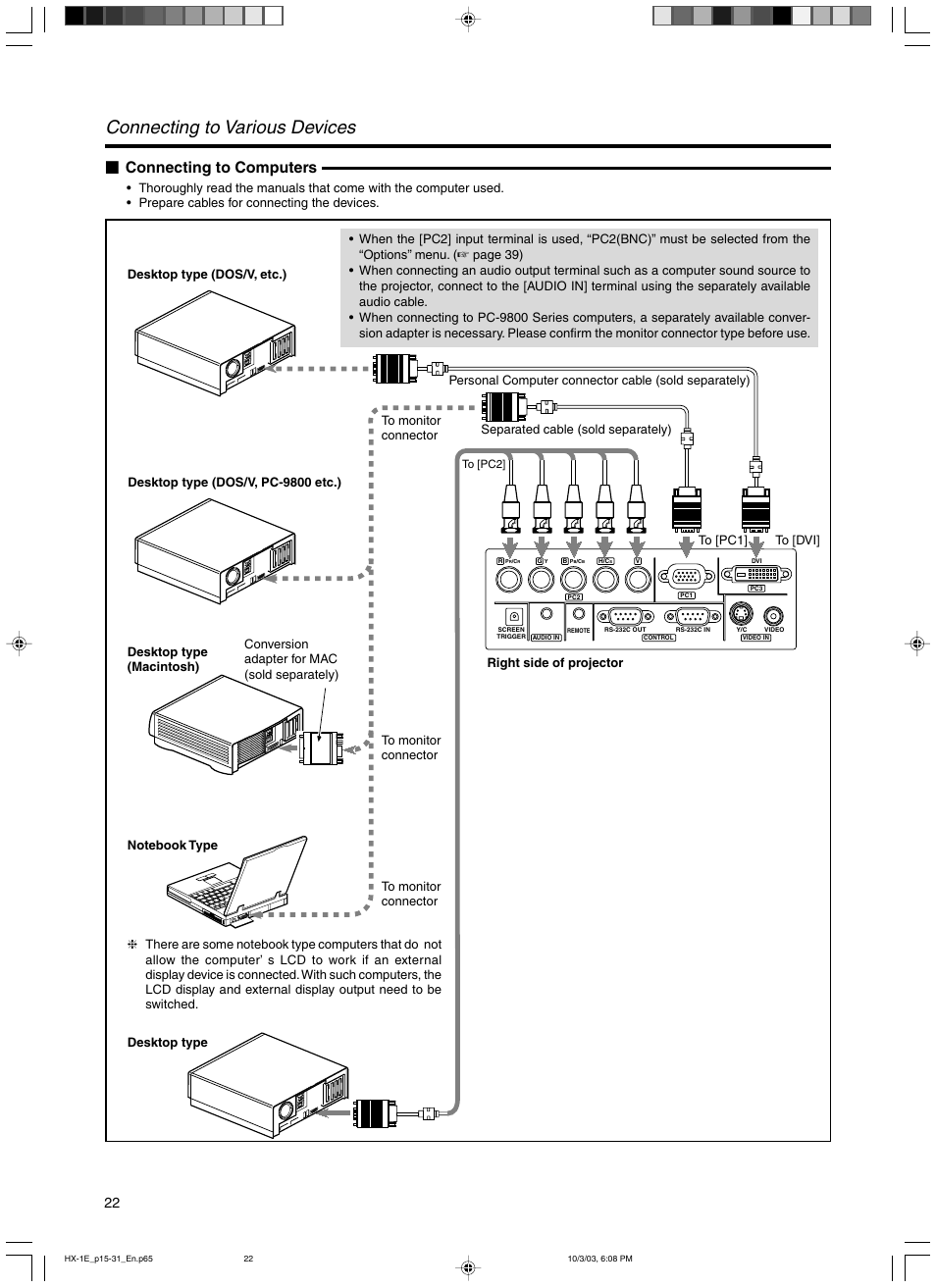 Connecting to various devices, Connecting to computers | JVC Model DLA-HX1E User Manual | Page 22 / 62