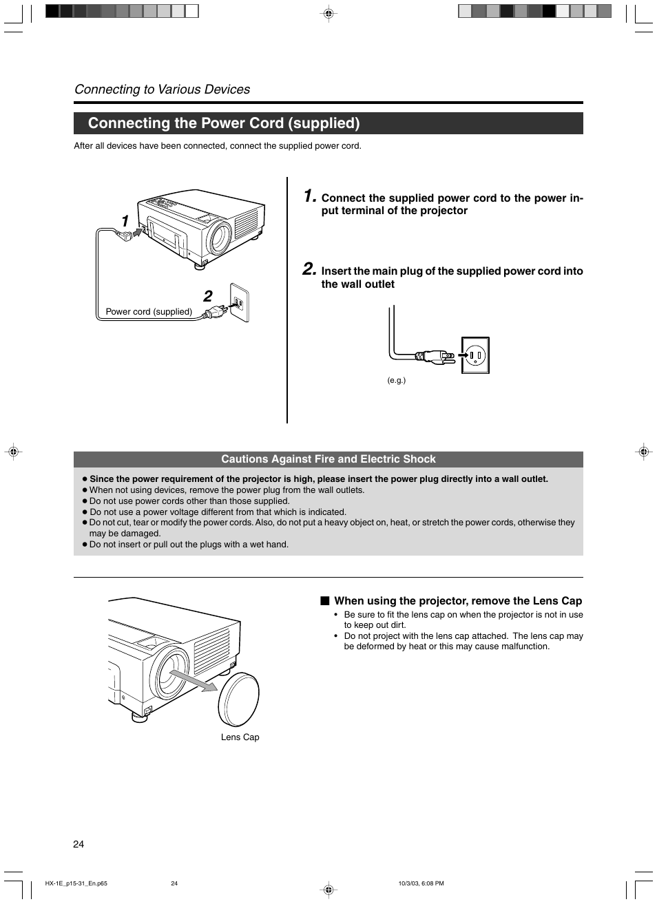 Connecting the power cord (supplied), Connecting to various devices | JVC Model DLA-HX1E User Manual | Page 24 / 62