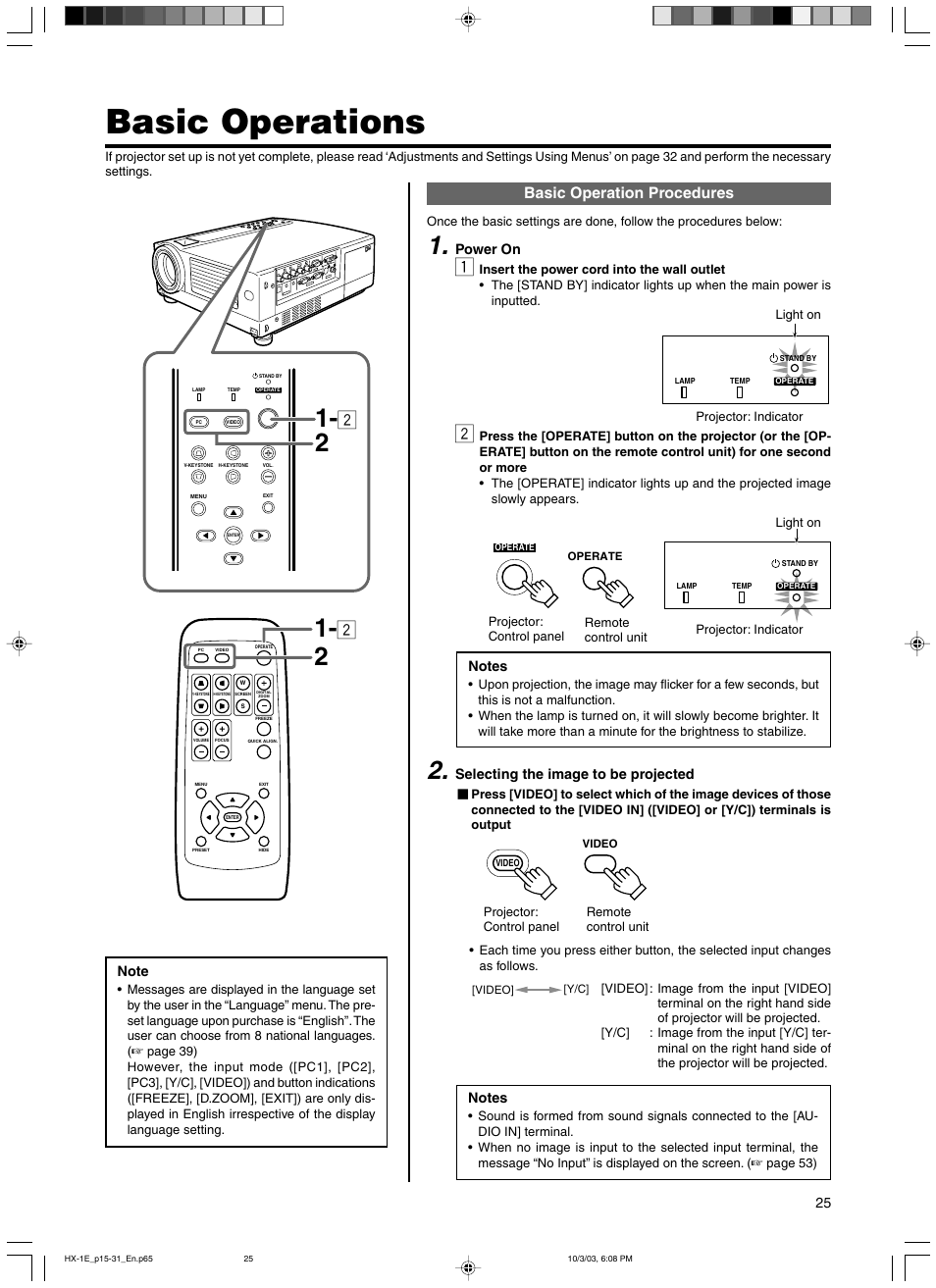 Basic operations, Basic operation procedures, Power on | Selecting the image to be projected | JVC Model DLA-HX1E User Manual | Page 25 / 62