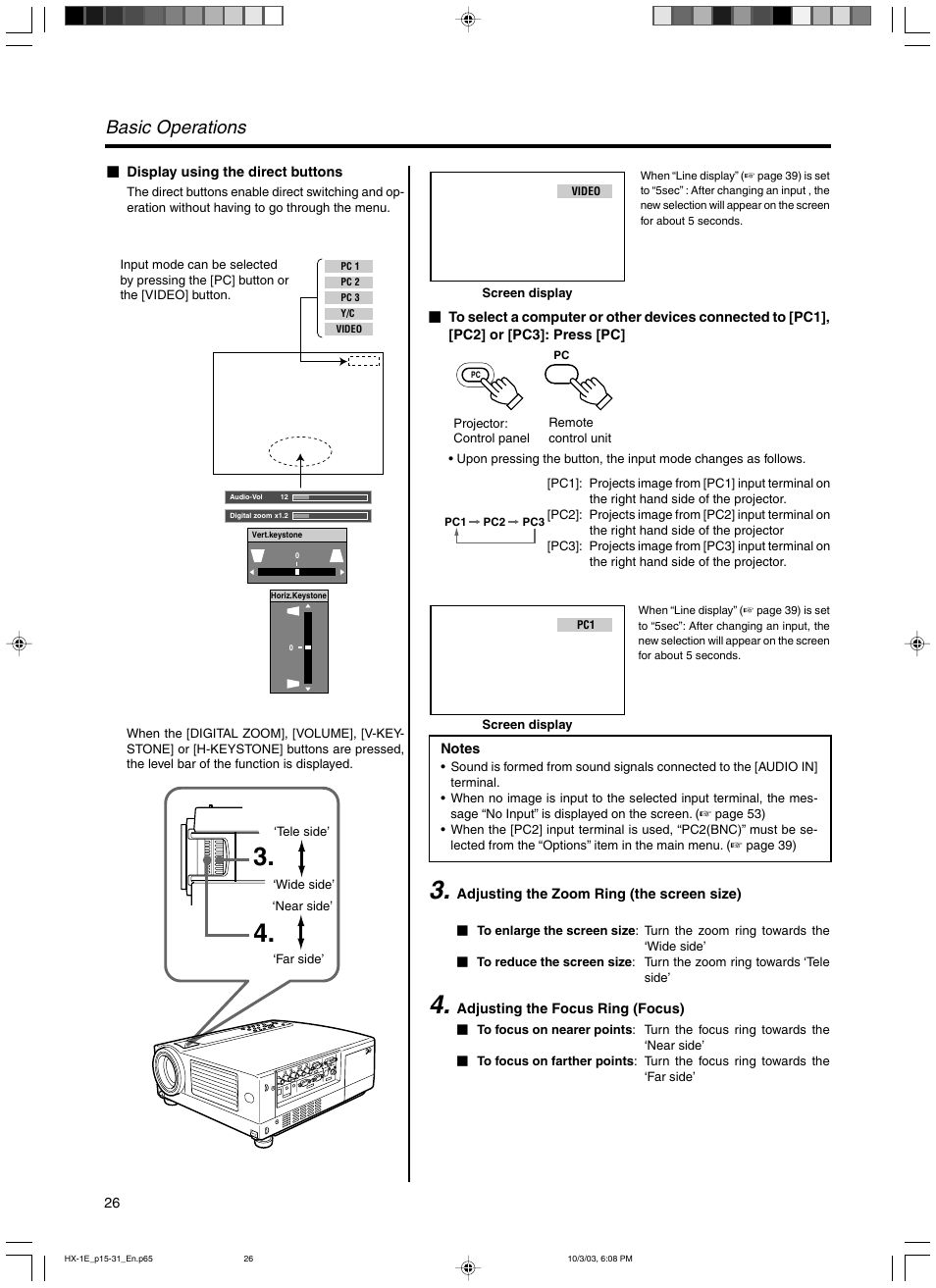 Adjusting the zoom ring (the screen size), Adjusting the focus ring (focus), Basic operations | JVC Model DLA-HX1E User Manual | Page 26 / 62