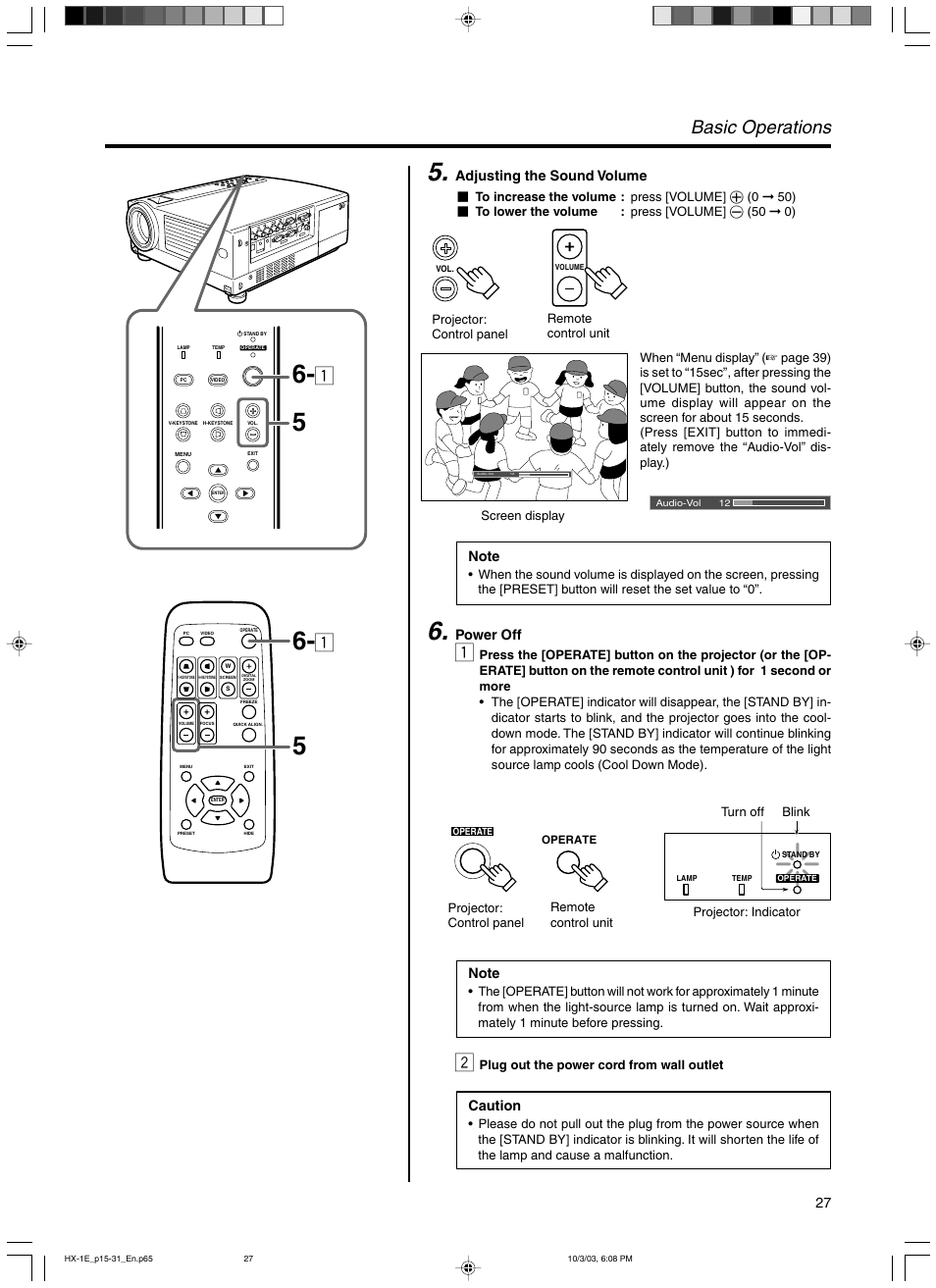 Adjusting the sound volume, Power off, Basic operations | Caution | JVC Model DLA-HX1E User Manual | Page 27 / 62