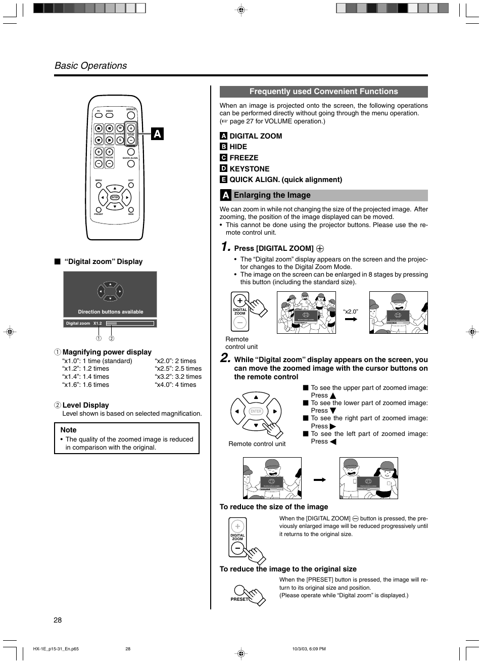 Frequently used convenient functions, Enlarging the image, Basic operations | JVC Model DLA-HX1E User Manual | Page 28 / 62