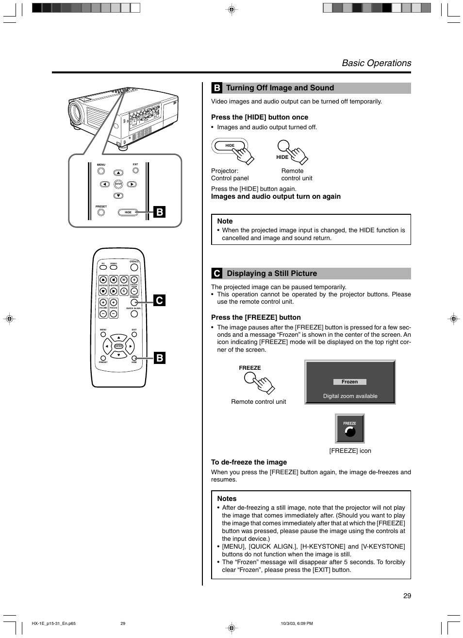 Turning off image and sound, Displaying a still picture, Basic operations | Press the [hide] button once, Press the [freeze] button | JVC Model DLA-HX1E User Manual | Page 29 / 62