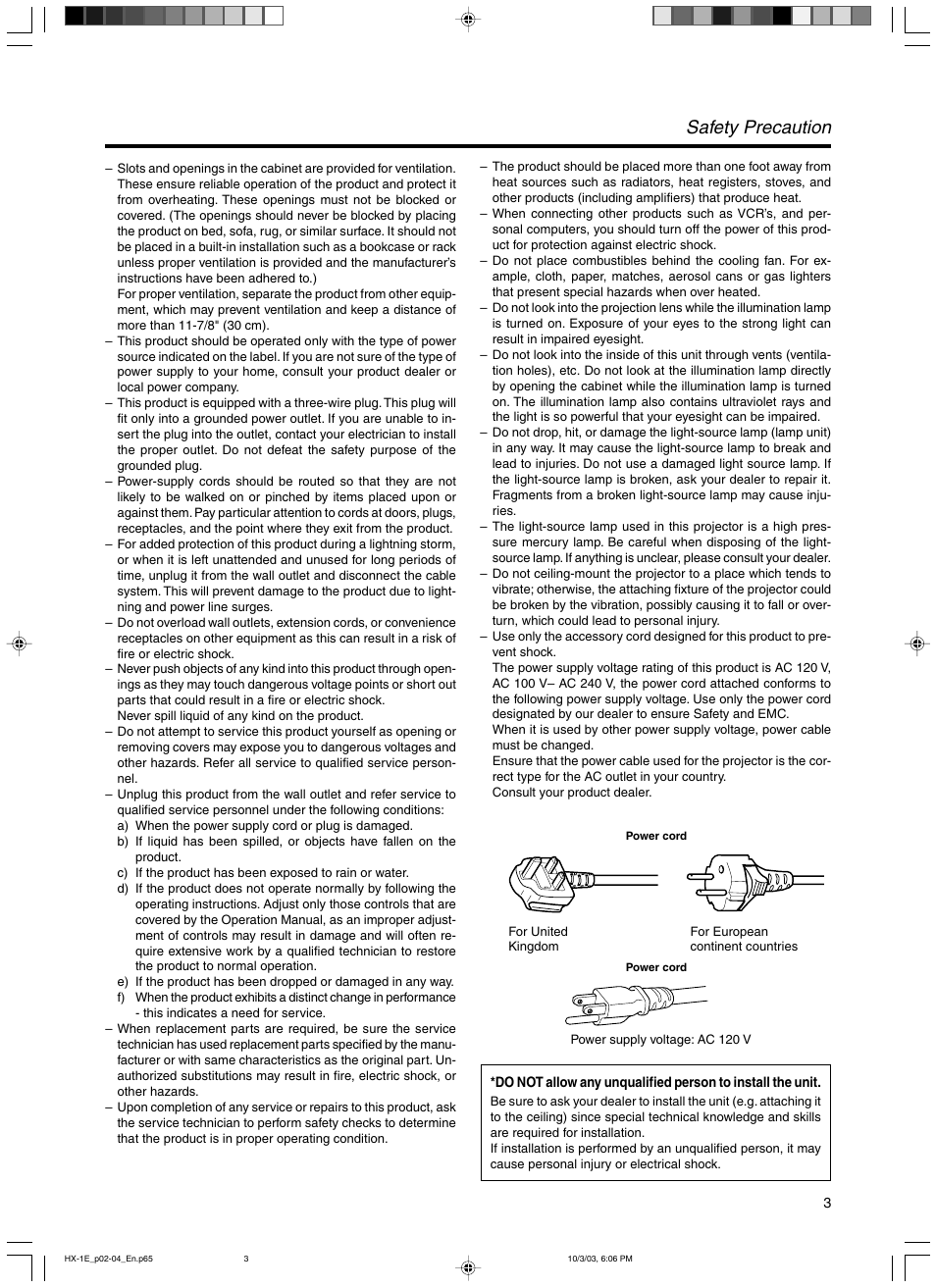 Safety precaution | JVC Model DLA-HX1E User Manual | Page 3 / 62