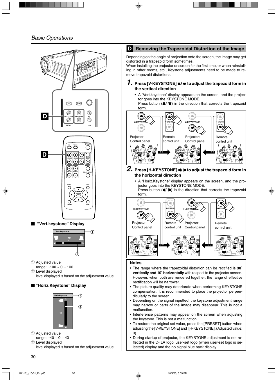 Removing the trapezoidal distortion of the image, Basic operations, 30 Ⅵ “vert.keystone” display | Horiz.keystone” display | JVC Model DLA-HX1E User Manual | Page 30 / 62