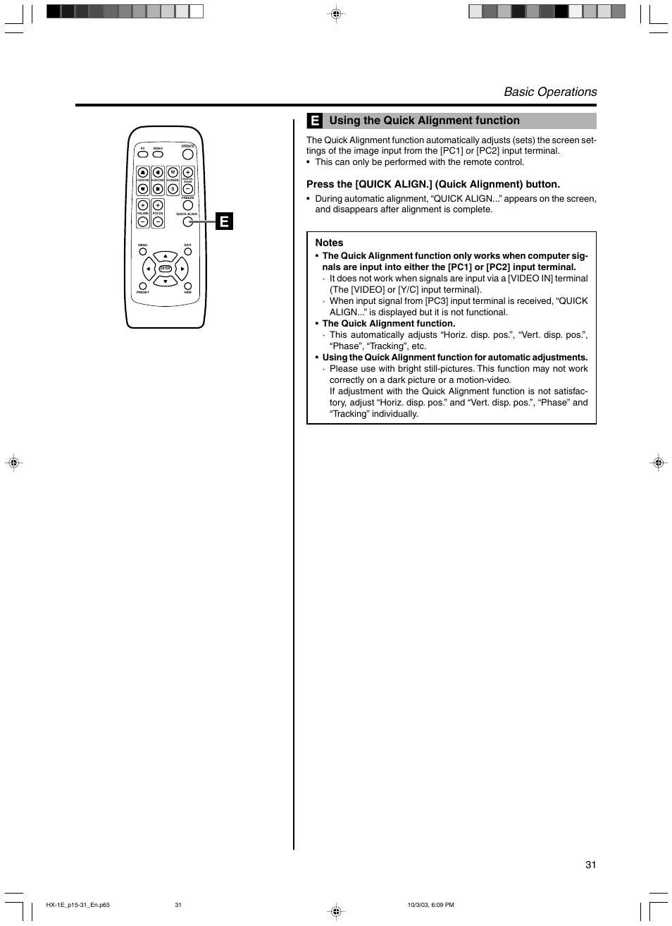 Using the quick alignment function, Basic operations, Press the [quick align.] (quick alignment) button | JVC Model DLA-HX1E User Manual | Page 31 / 62