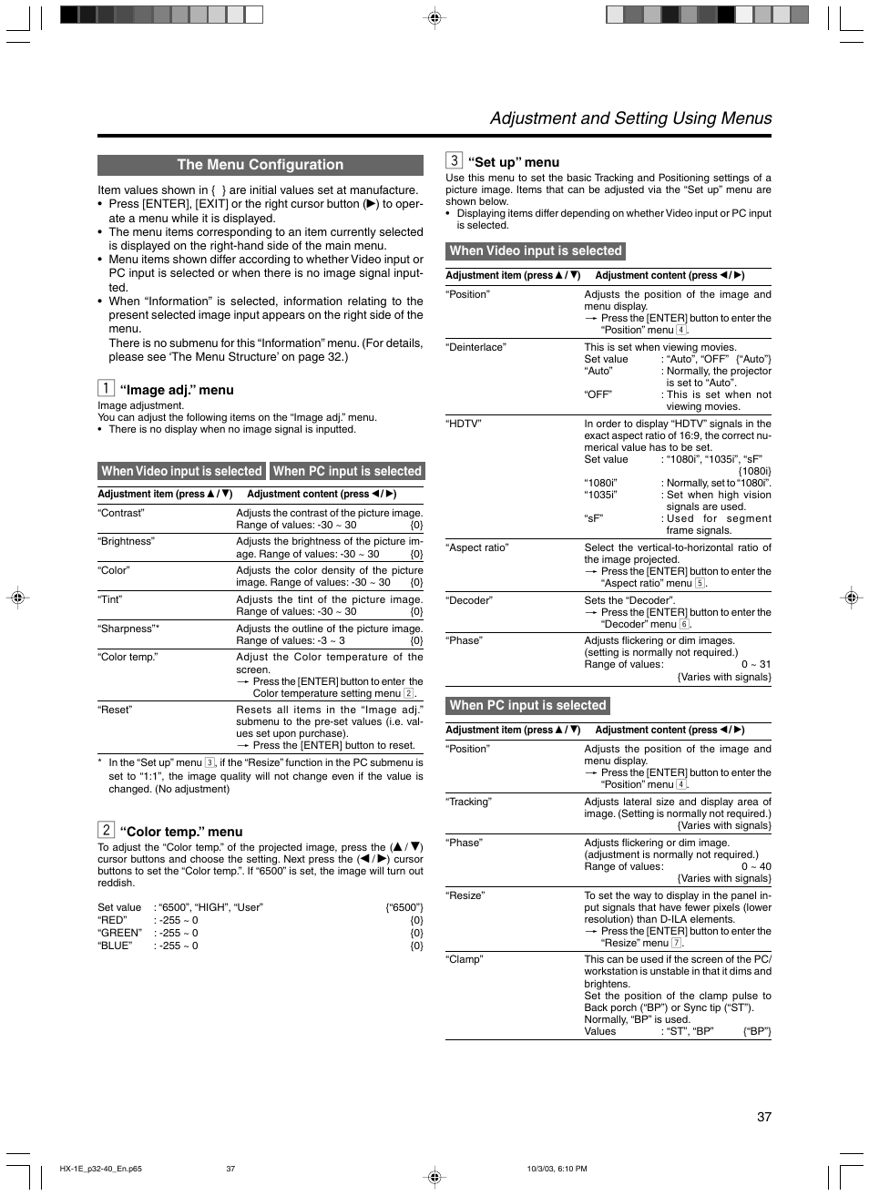 The menu configuration, 1 “image adj.” menu, 2 “color temp.” menu | 3 “set up” menu, Adjustment and setting using menus | JVC Model DLA-HX1E User Manual | Page 37 / 62