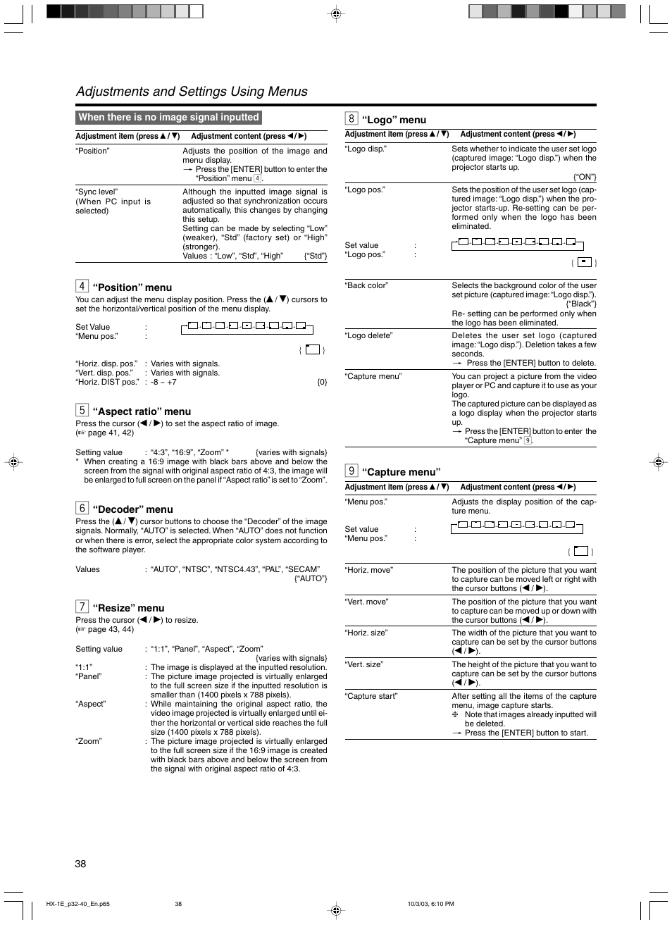 4 “position” menu, 5 “aspect ratio” menu, 6 “decoder” menu | 7 “resize” menu, 8 “logo” menu, 9 “capture menu, Adjustments and settings using menus, Logo” menu, Capture menu, When there is no image signal inputted | JVC Model DLA-HX1E User Manual | Page 38 / 62