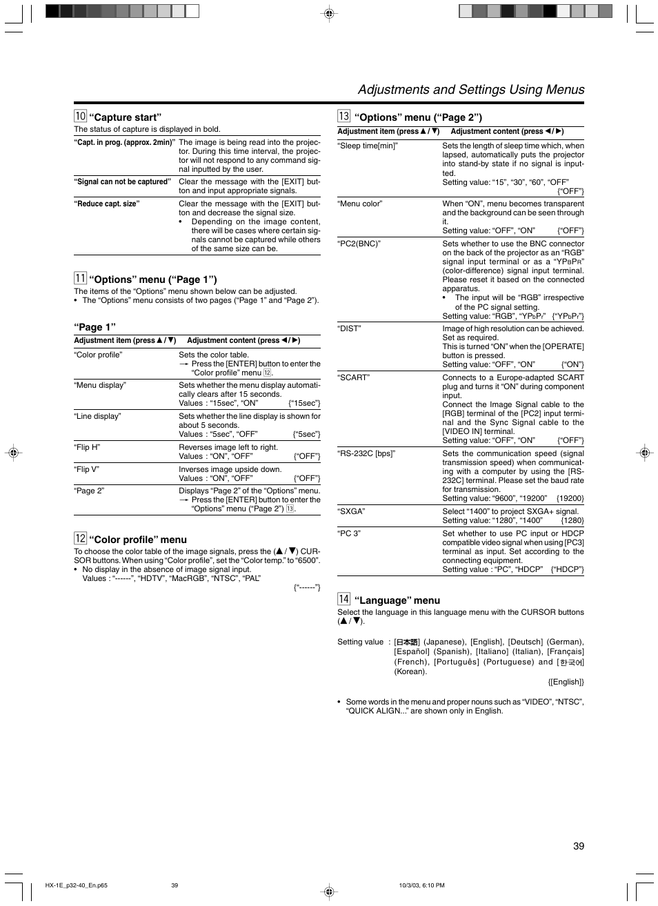 10 “capture start, 12 “color profile” menu, 14 “language” menu | Adjustments and settings using menus | JVC Model DLA-HX1E User Manual | Page 39 / 62