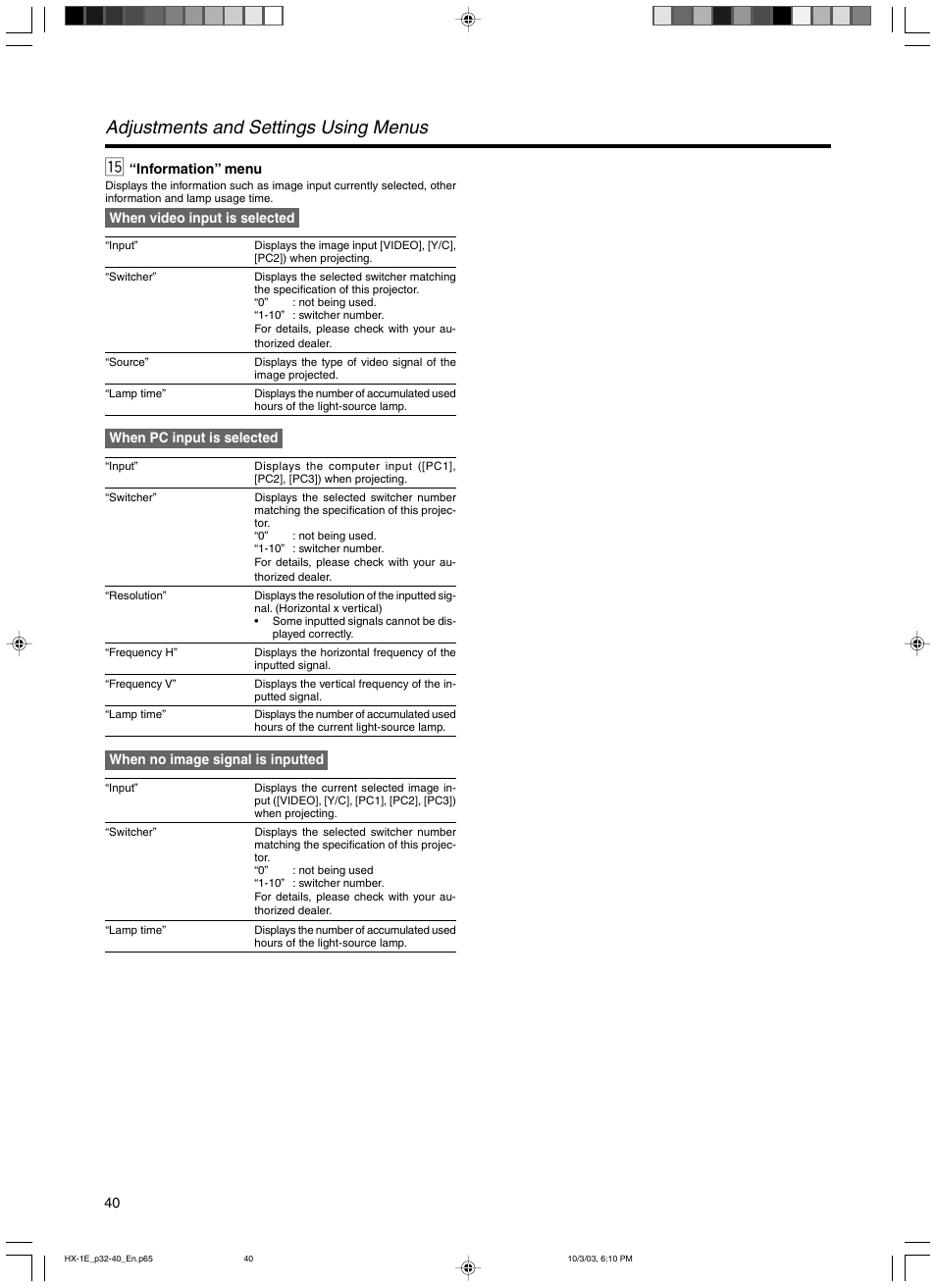 15 “information” menu, Adjustments and settings using menus | JVC Model DLA-HX1E User Manual | Page 40 / 62